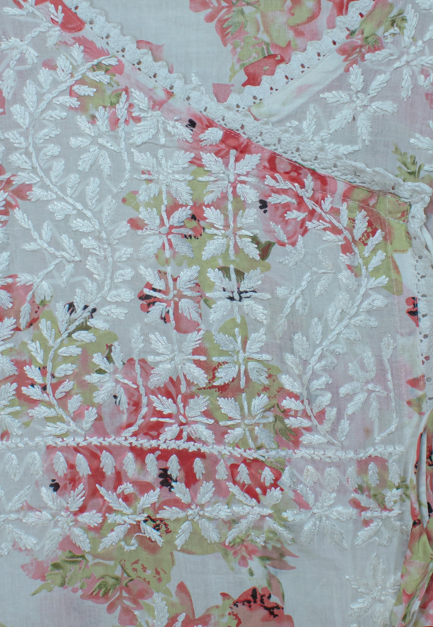The Chikankari Story: Angrakha Pure Printed Mulmul Fabric with Hand Embroidery - Lakhnavi Angrakha in Four Colors Yellow, pink,red and cyan