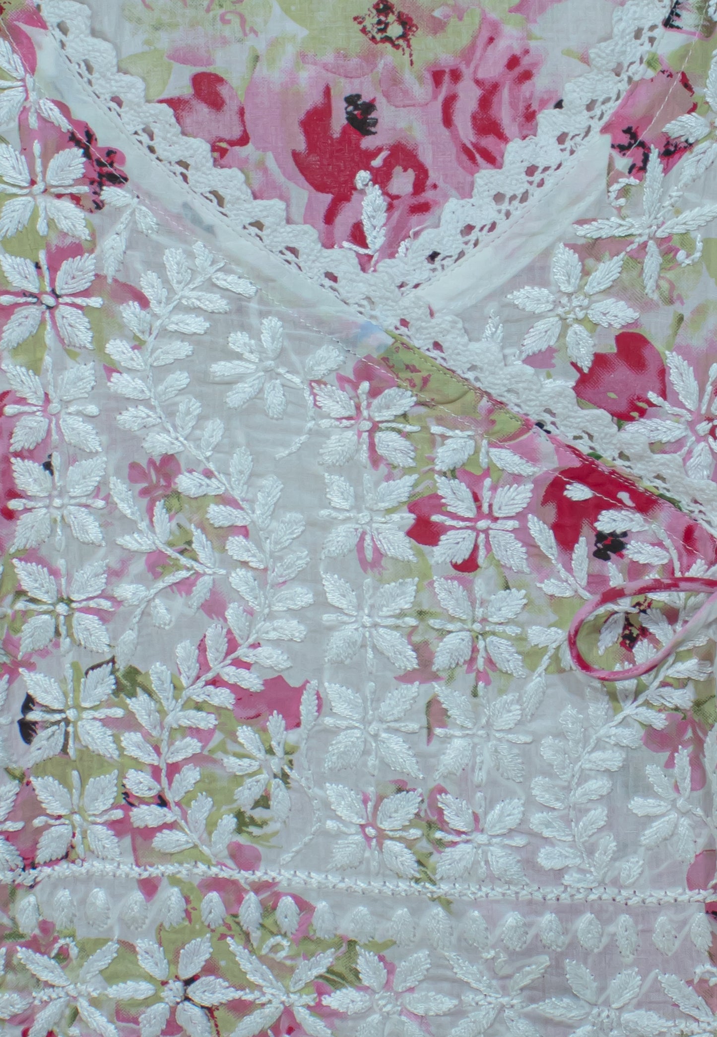 The Chikankari Story: Angrakha Pure Printed Mulmul Fabric with Hand Embroidery - Lakhnavi Angrakha in Four Colors Yellow, pink,red and cyan