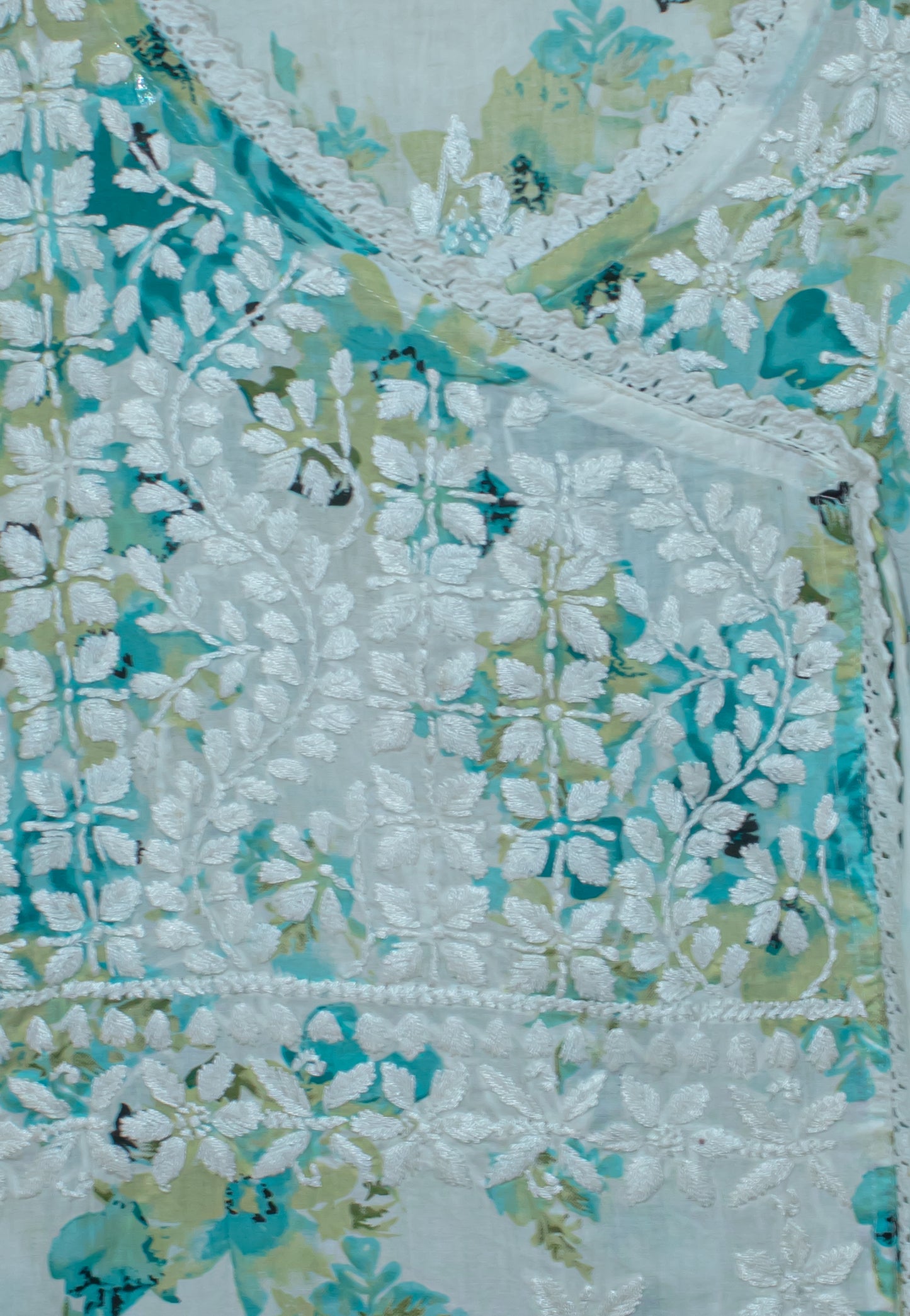 The Chikankari Story: Angrakha Pure Printed Mulmul Fabric with Hand Embroidery - Lakhnavi Angrakha in Four Colors Yellow, pink,red and cyan