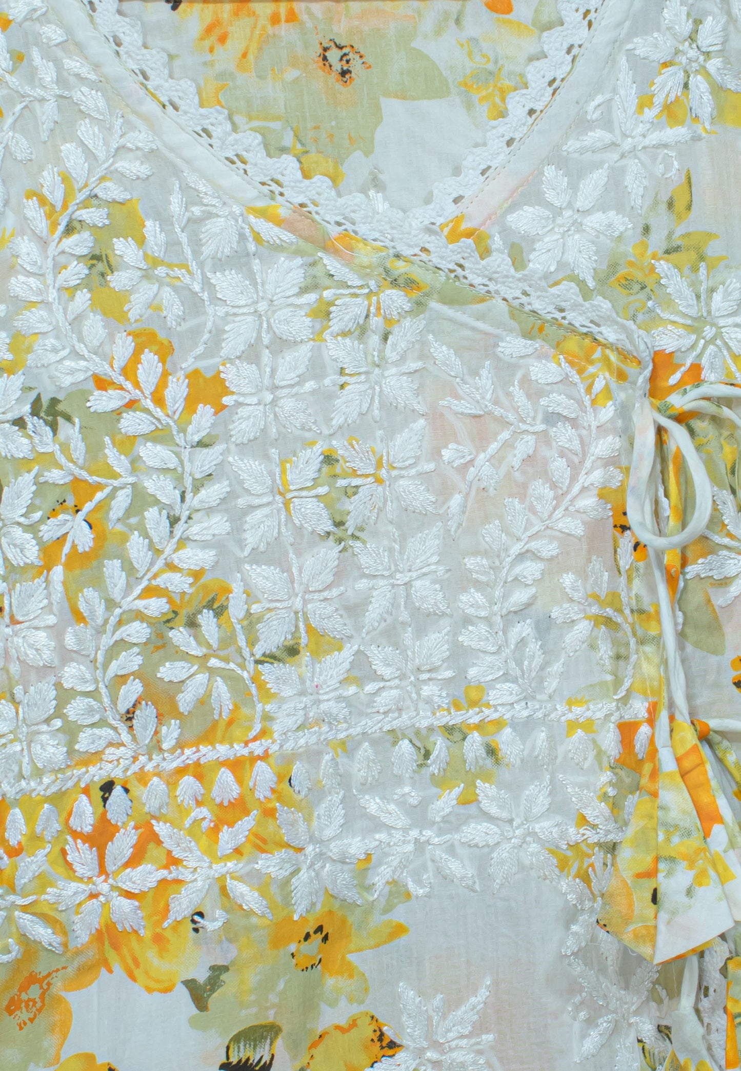 The Chikankari Story: Angrakha Pure Printed Mulmul Fabric with Hand Embroidery - Lakhnavi Angrakha in Four Colors Yellow, pink,red and cyan
