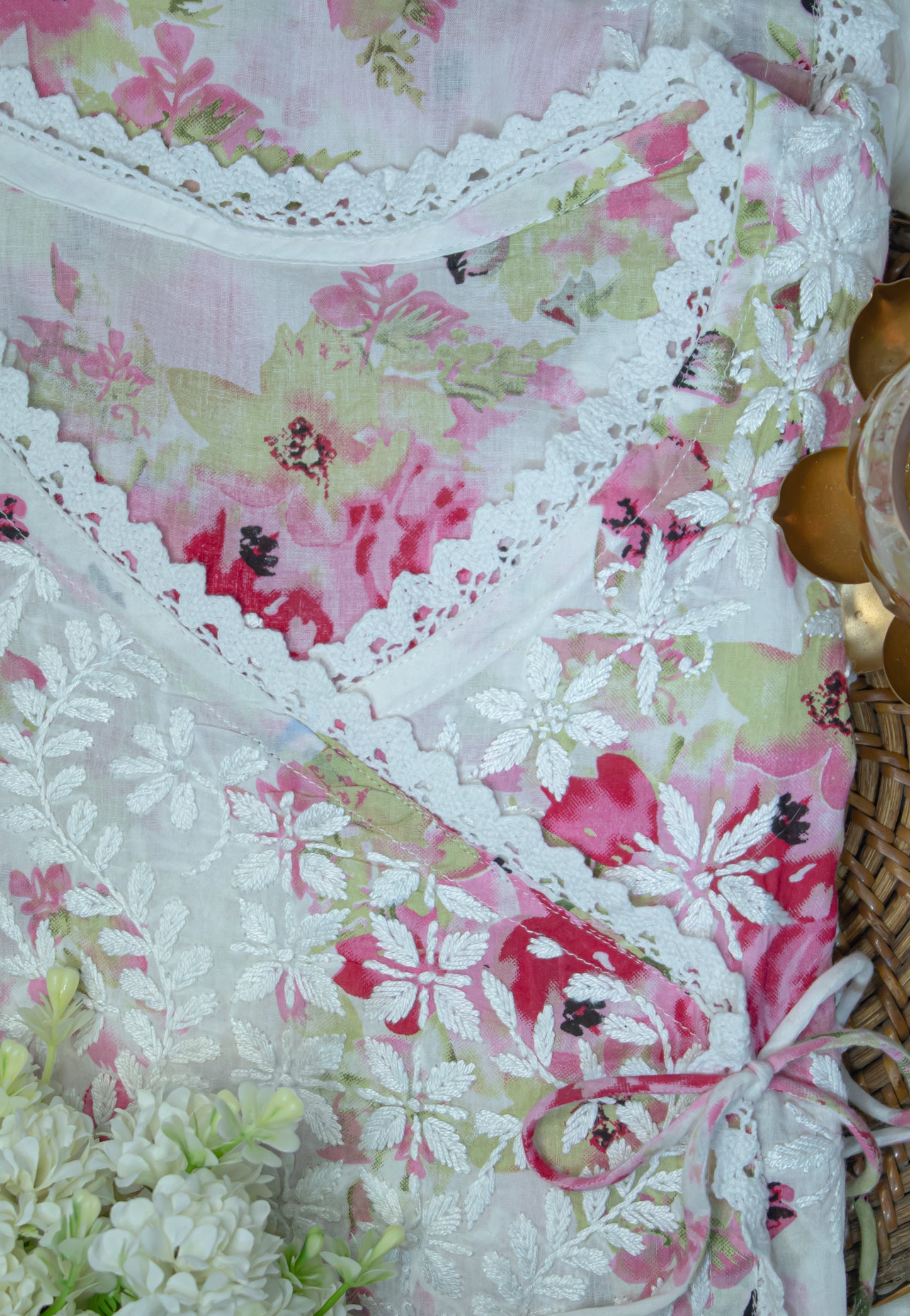 The Chikankari Story: Angrakha Pure Printed Mulmul Fabric with Hand Embroidery - Lakhnavi Angrakha in Four Colors Yellow, pink,red and cyan