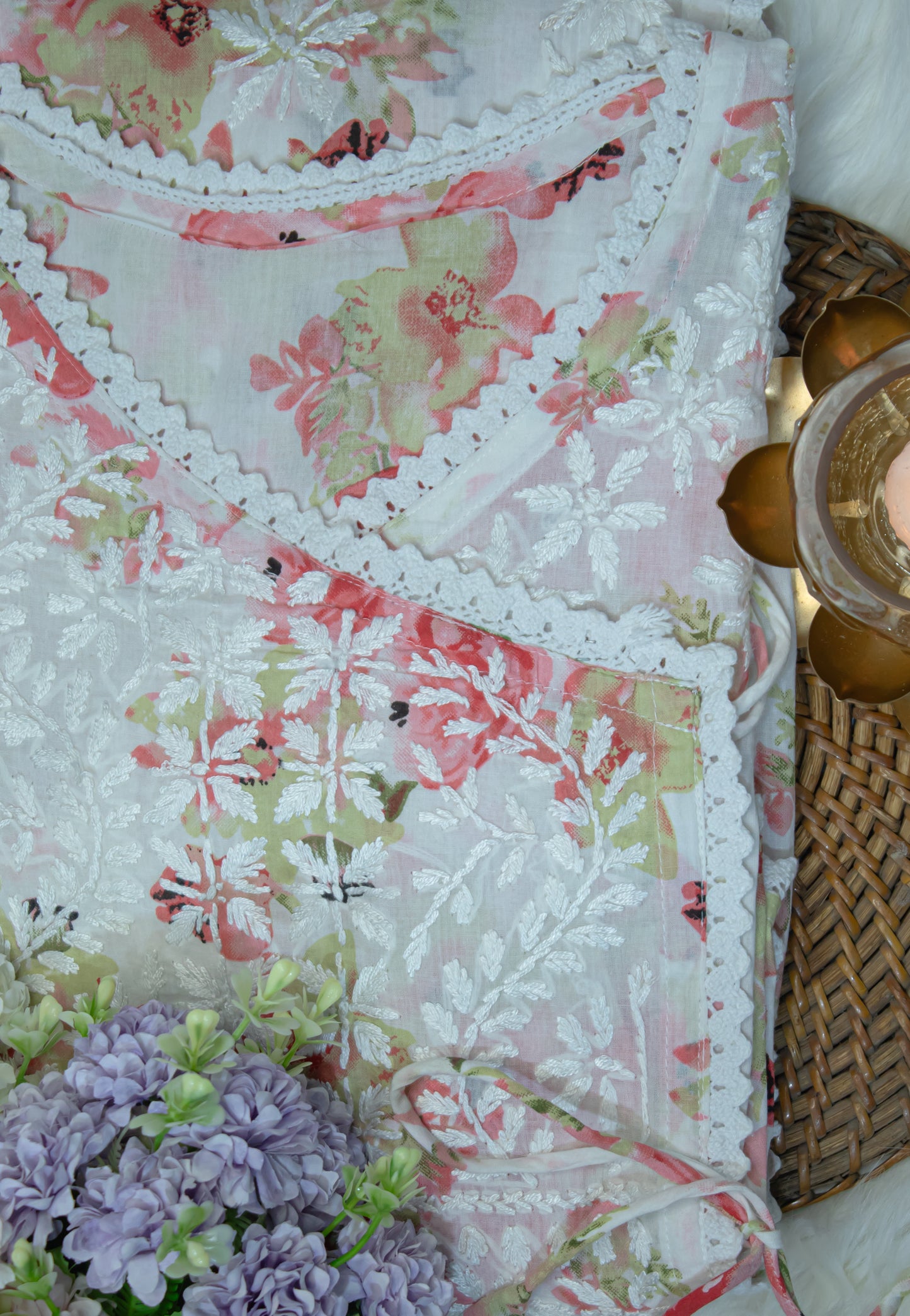 The Chikankari Story: Angrakha Pure Printed Mulmul Fabric with Hand Embroidery - Lakhnavi Angrakha in Four Colors Yellow, pink,red and cyan
