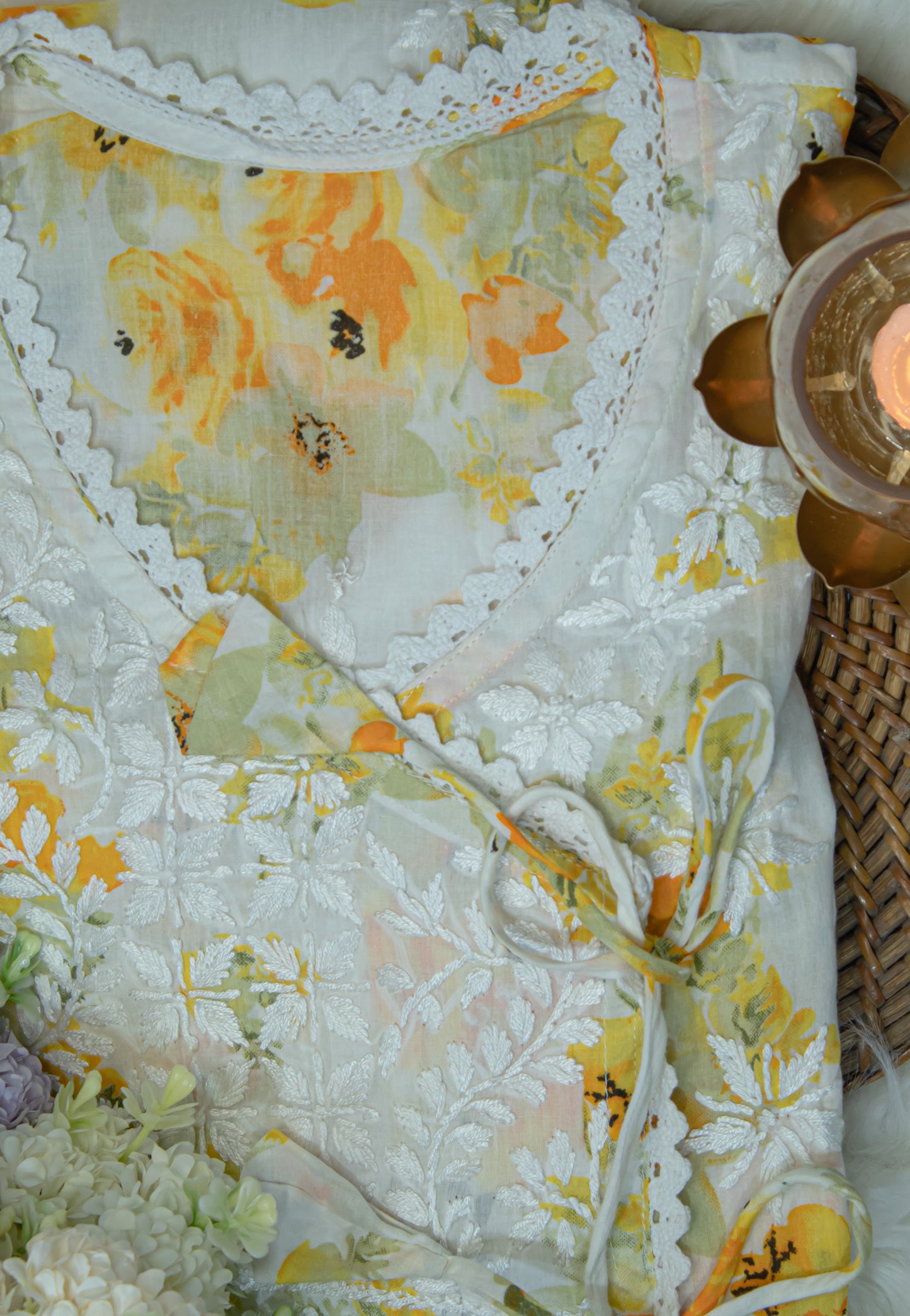 The Chikankari Story: Angrakha Pure Printed Mulmul Fabric with Hand Embroidery - Lakhnavi Angrakha in Four Colors Yellow, pink,red and cyan