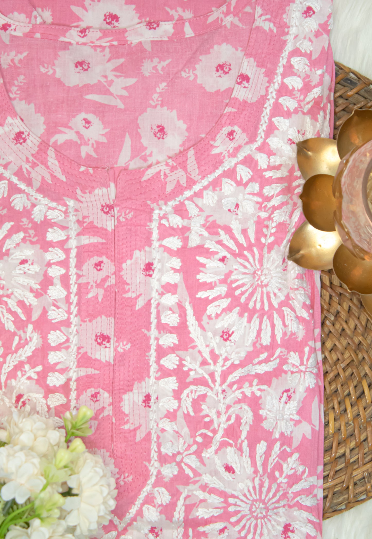 The Chikankari Story: Colorful Elegance, Hand-Embroidered Printed Mulmul Cotton Kurti in Cyan, Yellow, Green & Pink