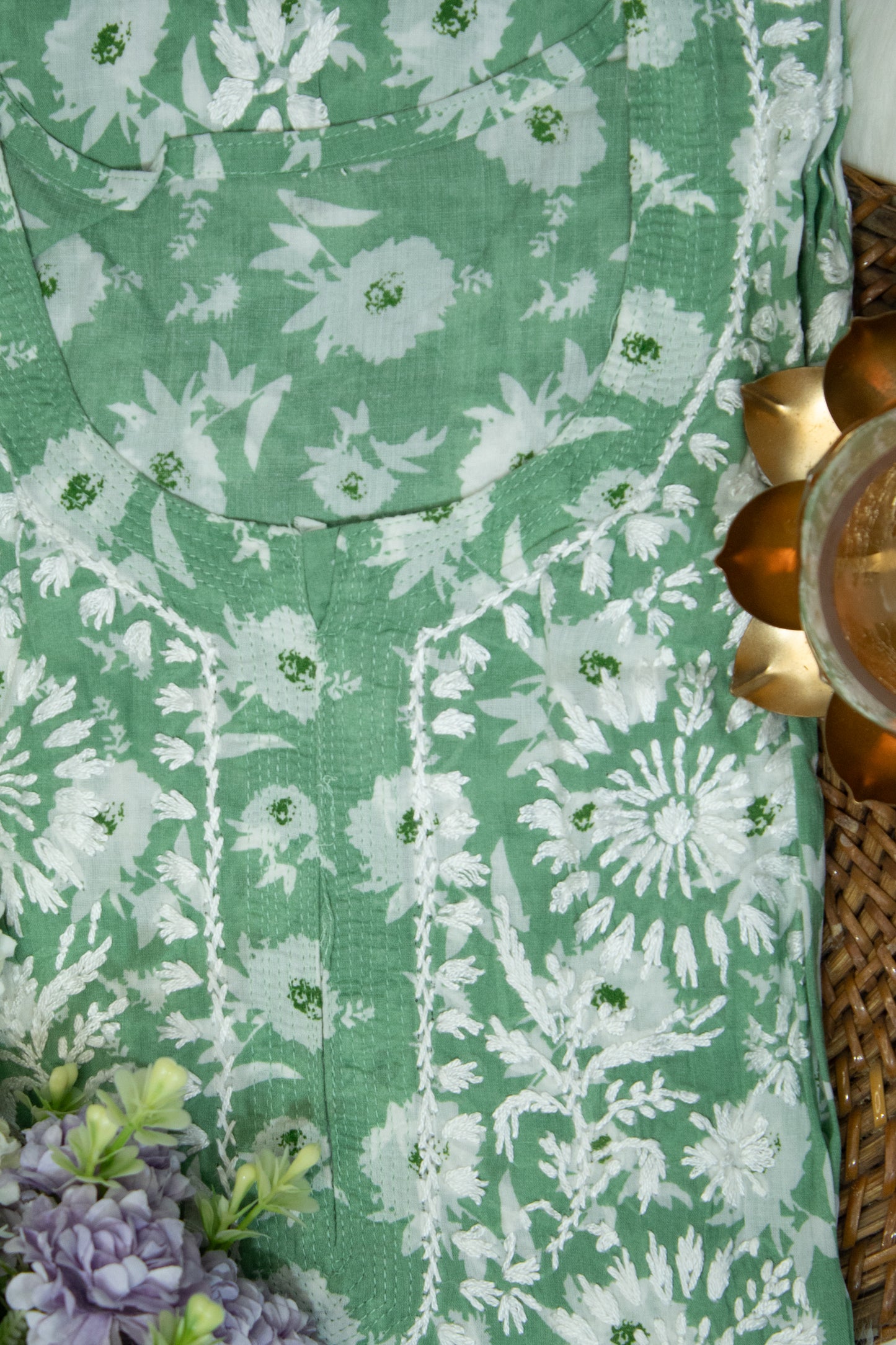 The Chikankari Story: Colorful Elegance, Hand-Embroidered Printed Mulmul Cotton Kurti in Cyan, Yellow, Green & Pink