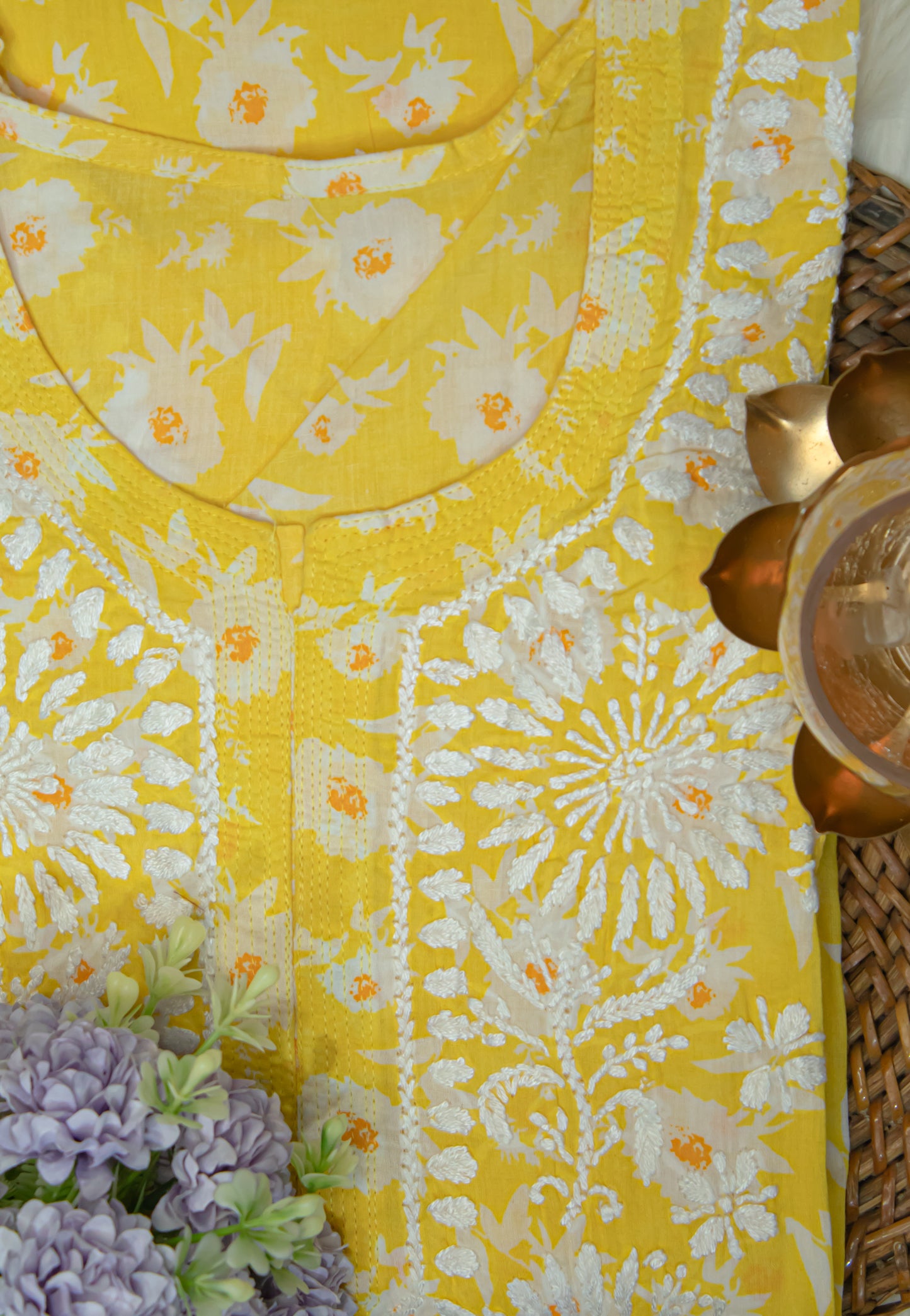 The Chikankari Story: Colorful Elegance, Hand-Embroidered Printed Mulmul Cotton Kurti in Cyan, Yellow, Green & Pink