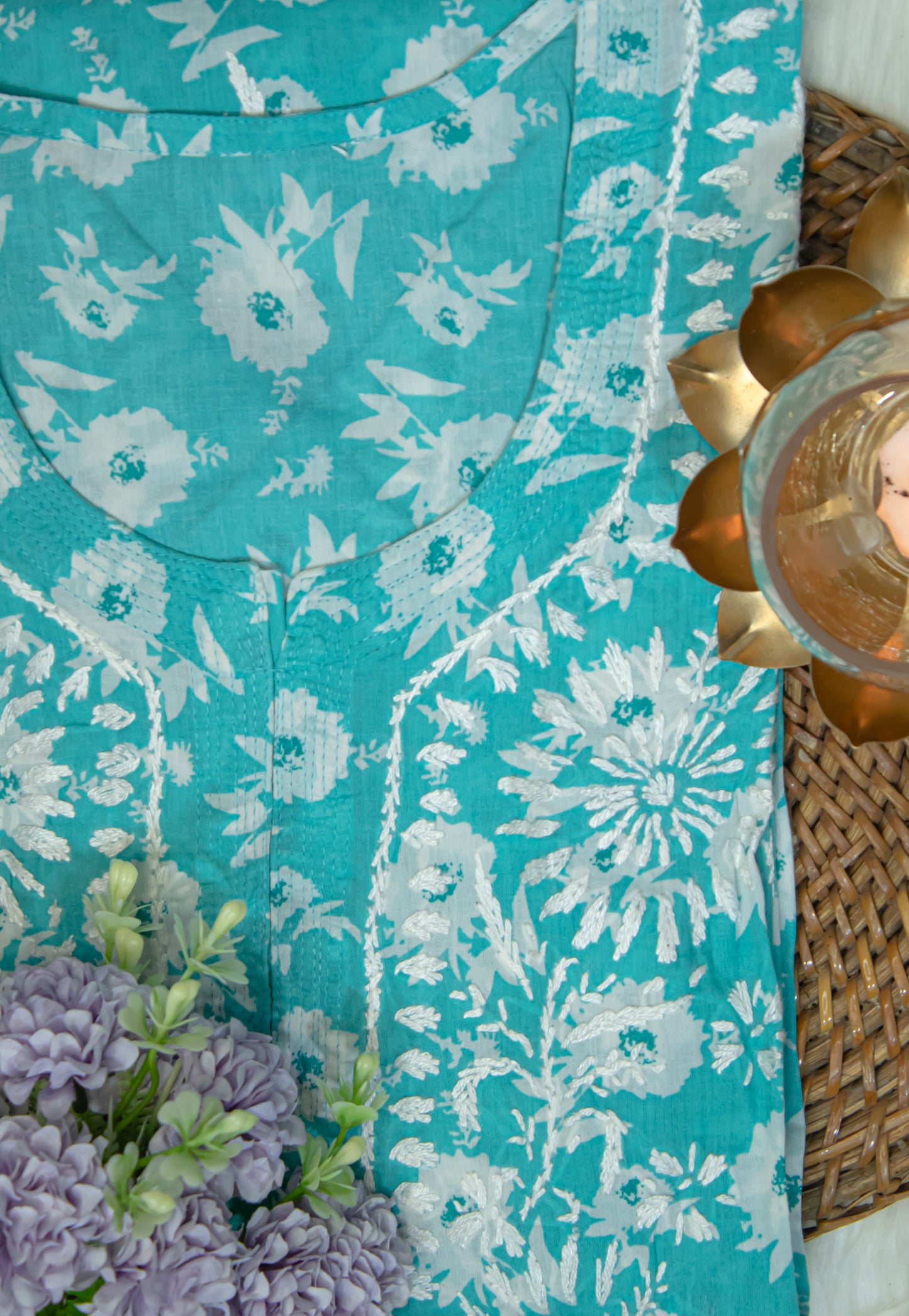 The Chikankari Story: Colorful Elegance, Hand-Embroidered Printed Mulmul Cotton Kurti in Cyan, Yellow, Green & Pink