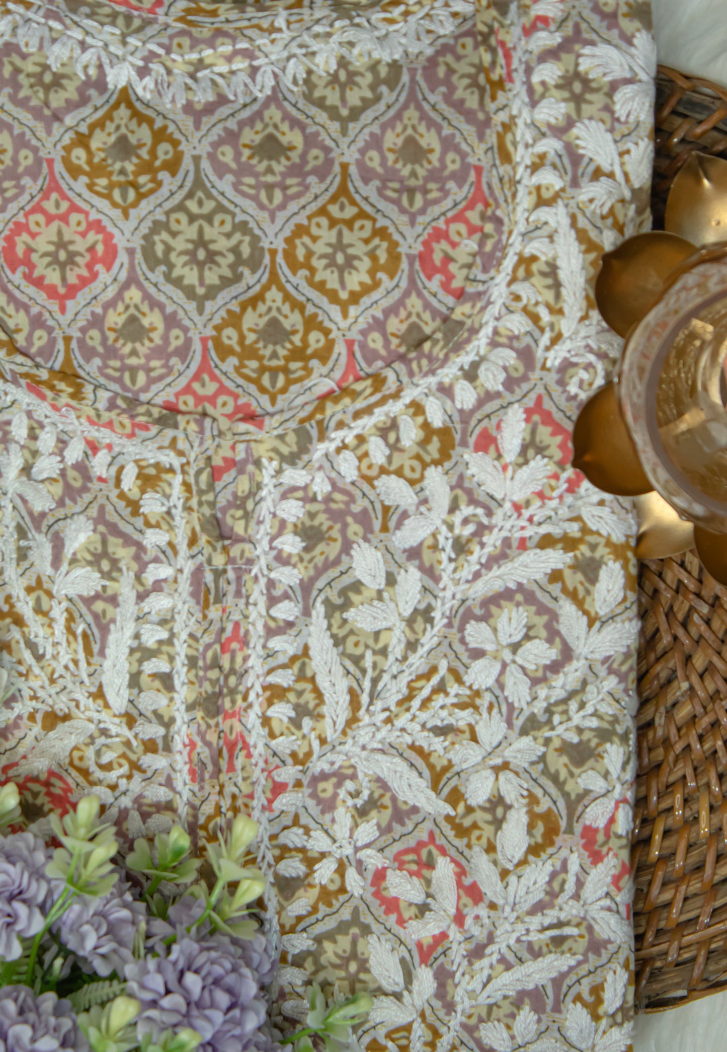 The Chikankari Story: Colorful Elegance, Hand-Embroidered Printed Mulmul Cotton Kurti in Cyan, Beige, Green & Orange