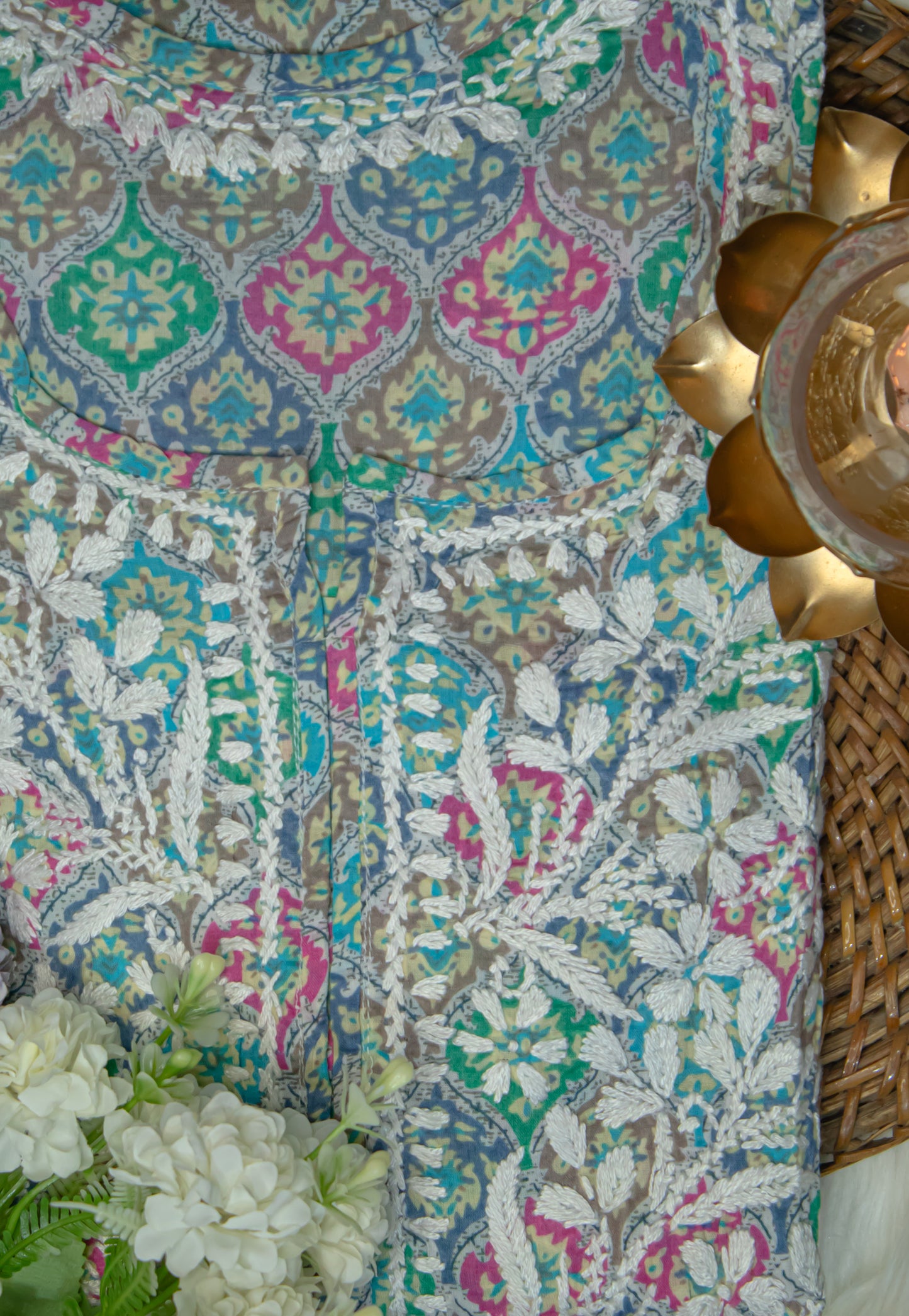 The Chikankari Story: Colorful Elegance, Hand-Embroidered Printed Mulmul Cotton Kurti in Cyan, Beige, Green & Orange
