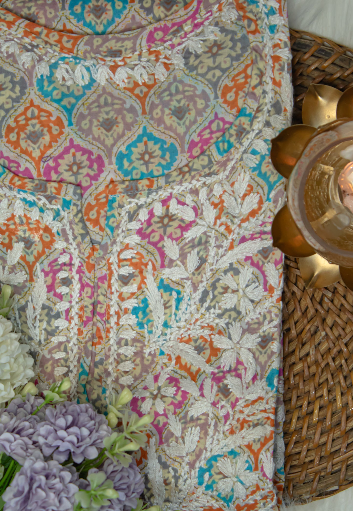 The Chikankari Story: Colorful Elegance, Hand-Embroidered Printed Mulmul Cotton Kurti in Cyan, Beige, Green & Orange