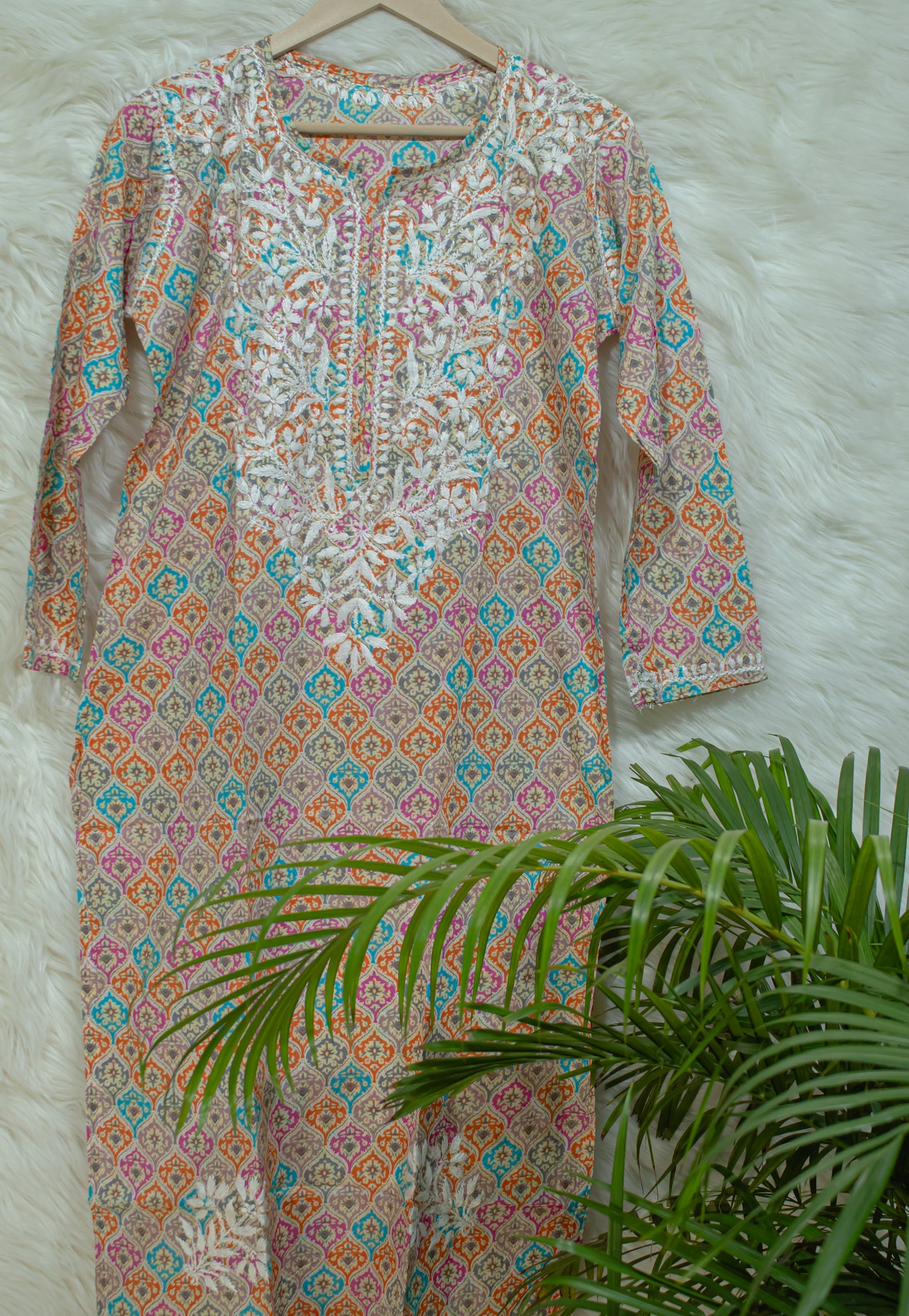The Chikankari Story: Colorful Elegance, Hand-Embroidered Printed Mulmul Cotton Kurti in Cyan, Beige, Green & Orange