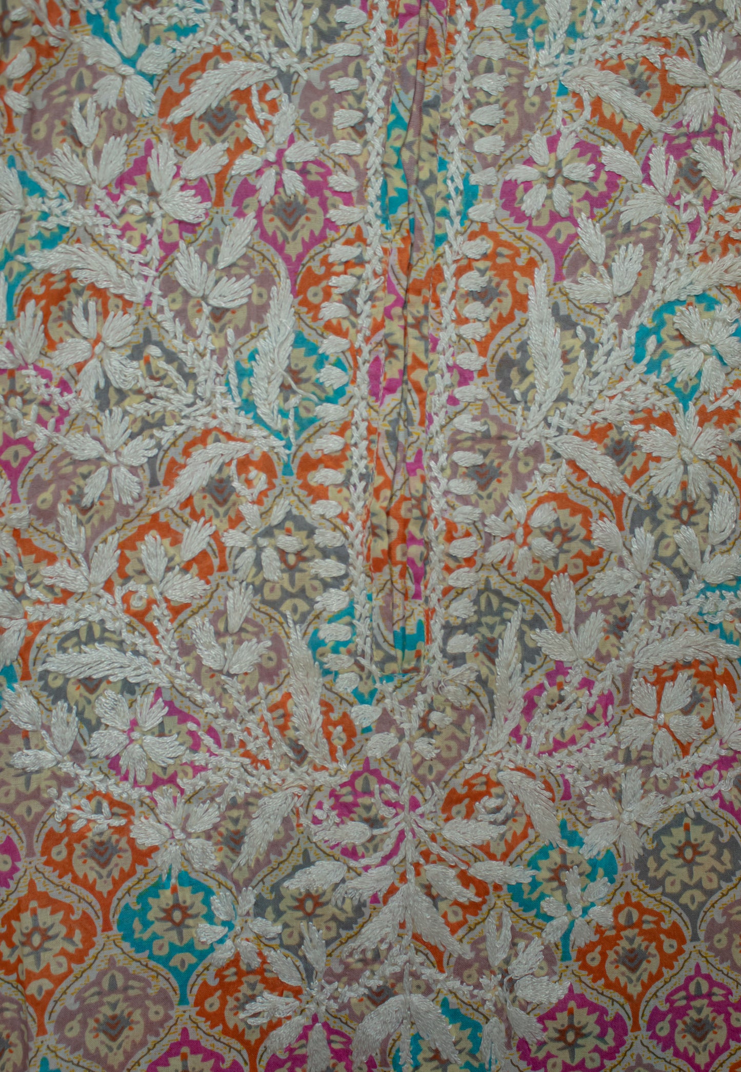 The Chikankari Story: Colorful Elegance, Hand-Embroidered Printed Mulmul Cotton Kurti in Cyan, Beige, Green & Orange