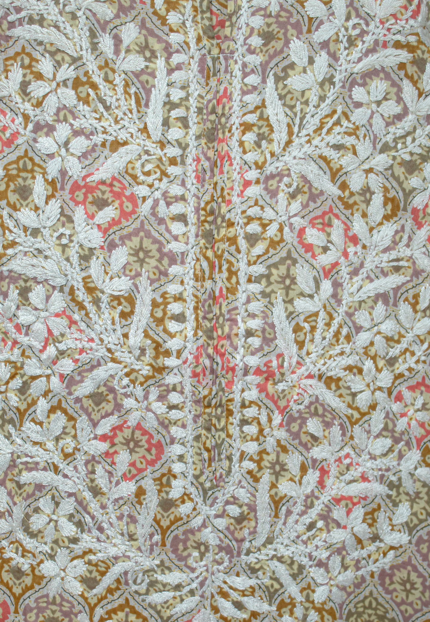 The Chikankari Story: Colorful Elegance, Hand-Embroidered Printed Mulmul Cotton Kurti in Cyan, Beige, Green & Orange