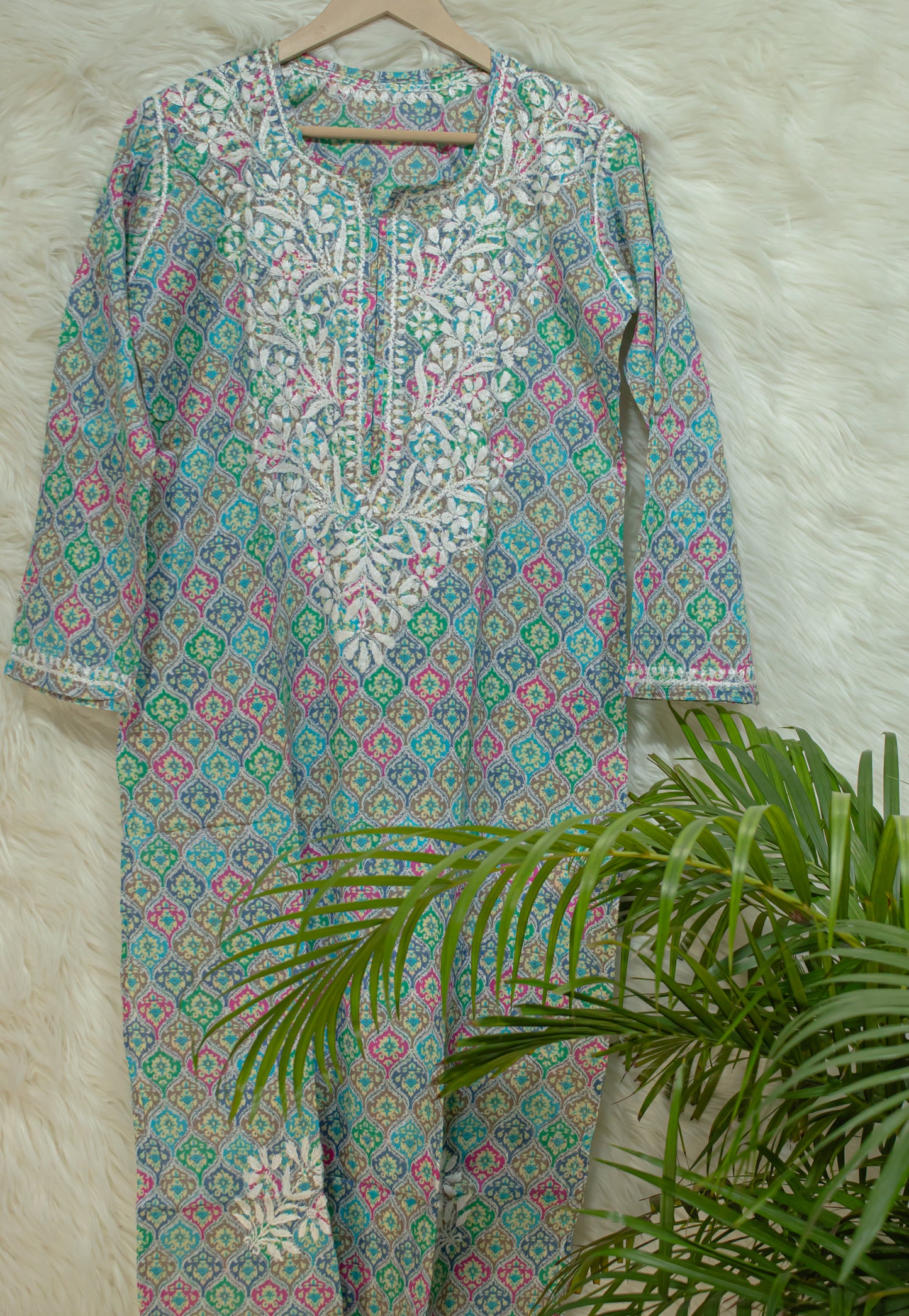 The Chikankari Story: Colorful Elegance, Hand-Embroidered Printed Mulmul Cotton Kurti in Cyan, Beige, Green & Orange