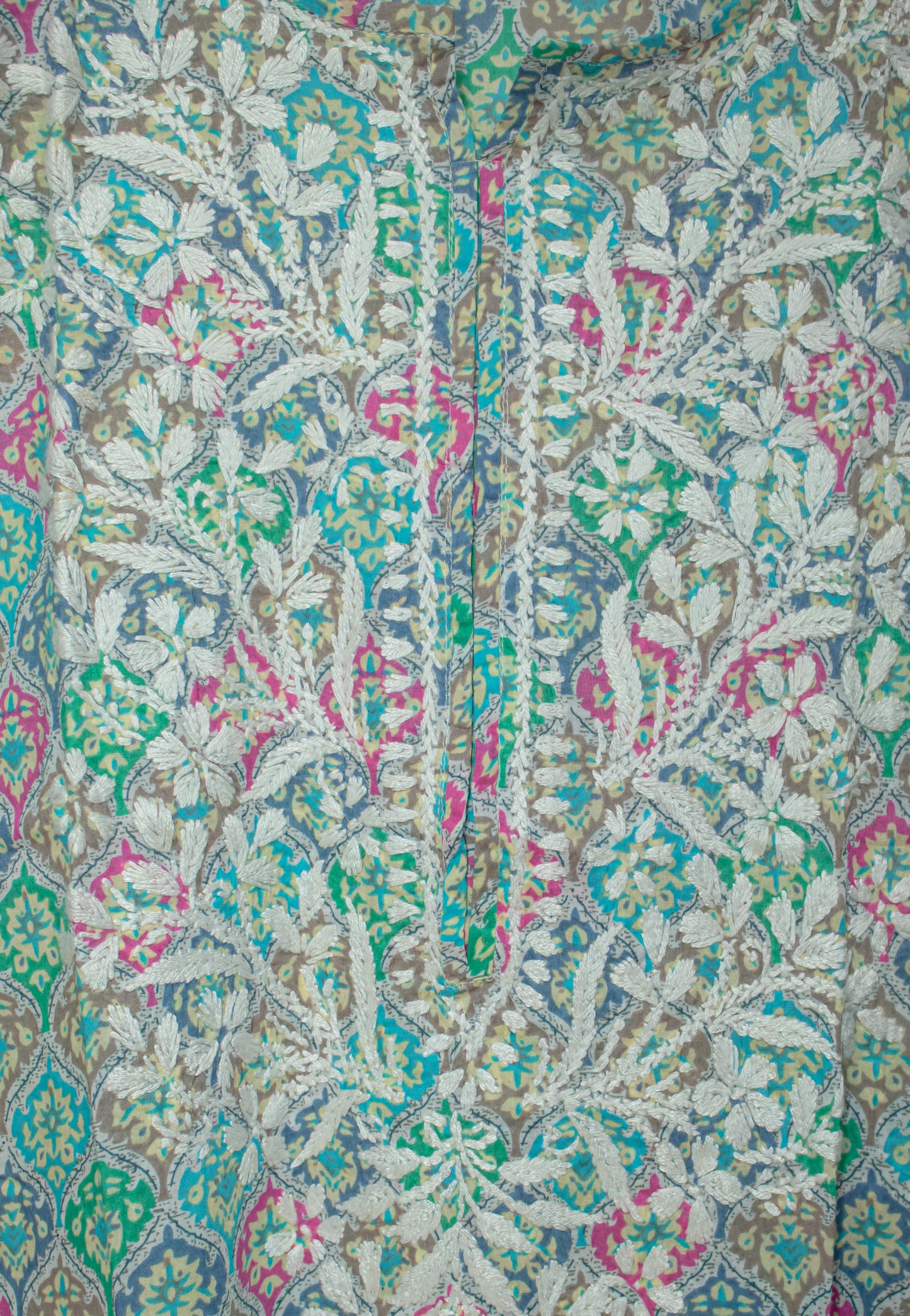 The Chikankari Story: Colorful Elegance, Hand-Embroidered Printed Mulmul Cotton Kurti in Cyan, Beige, Green & Orange