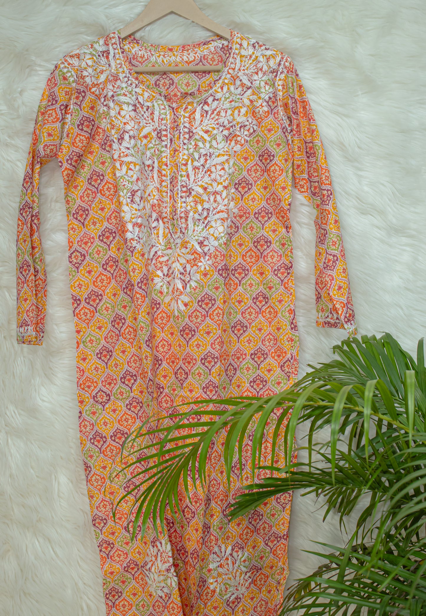 The Chikankari Story: Colorful Elegance, Hand-Embroidered Printed Mulmul Cotton Kurti in Cyan, Beige, Green & Orange