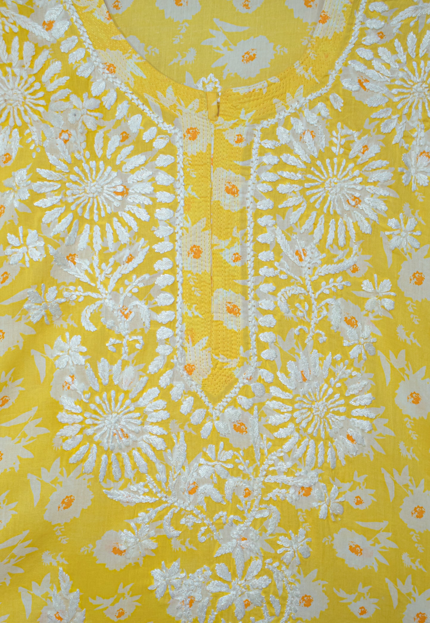 The Chikankari Story: Colorful Elegance, Hand-Embroidered Printed Mulmul Cotton Kurti in Cyan, Yellow, Green & Pink