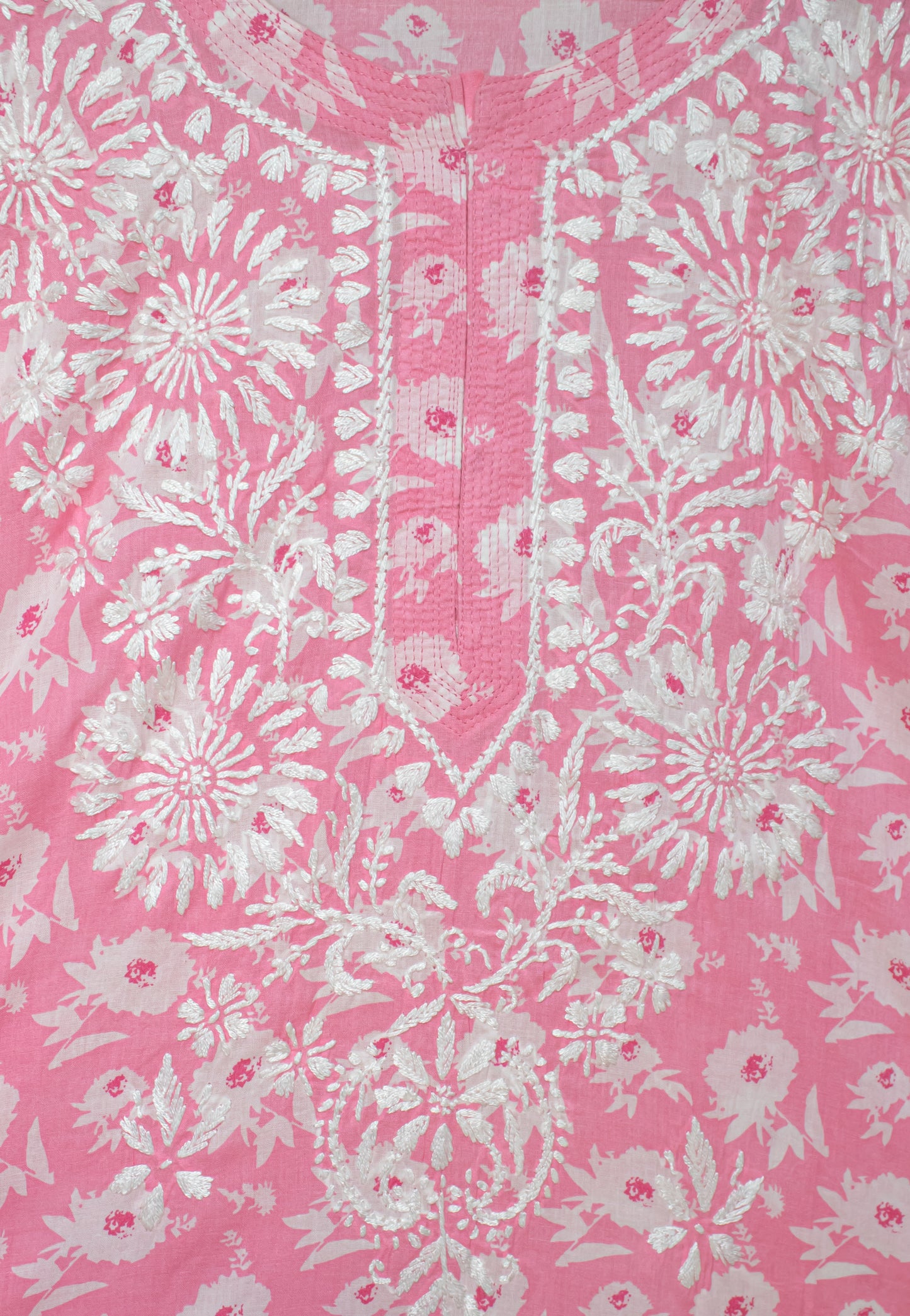 The Chikankari Story: Colorful Elegance, Hand-Embroidered Printed Mulmul Cotton Kurti in Cyan, Yellow, Green & Pink