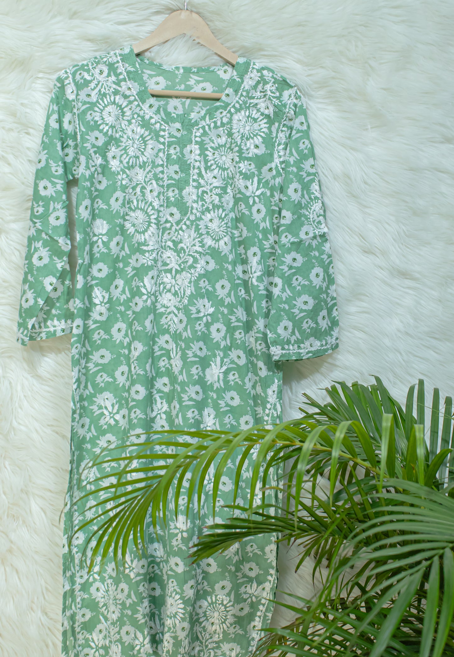 The Chikankari Story: Colorful Elegance, Hand-Embroidered Printed Mulmul Cotton Kurti in Cyan, Yellow, Green & Pink