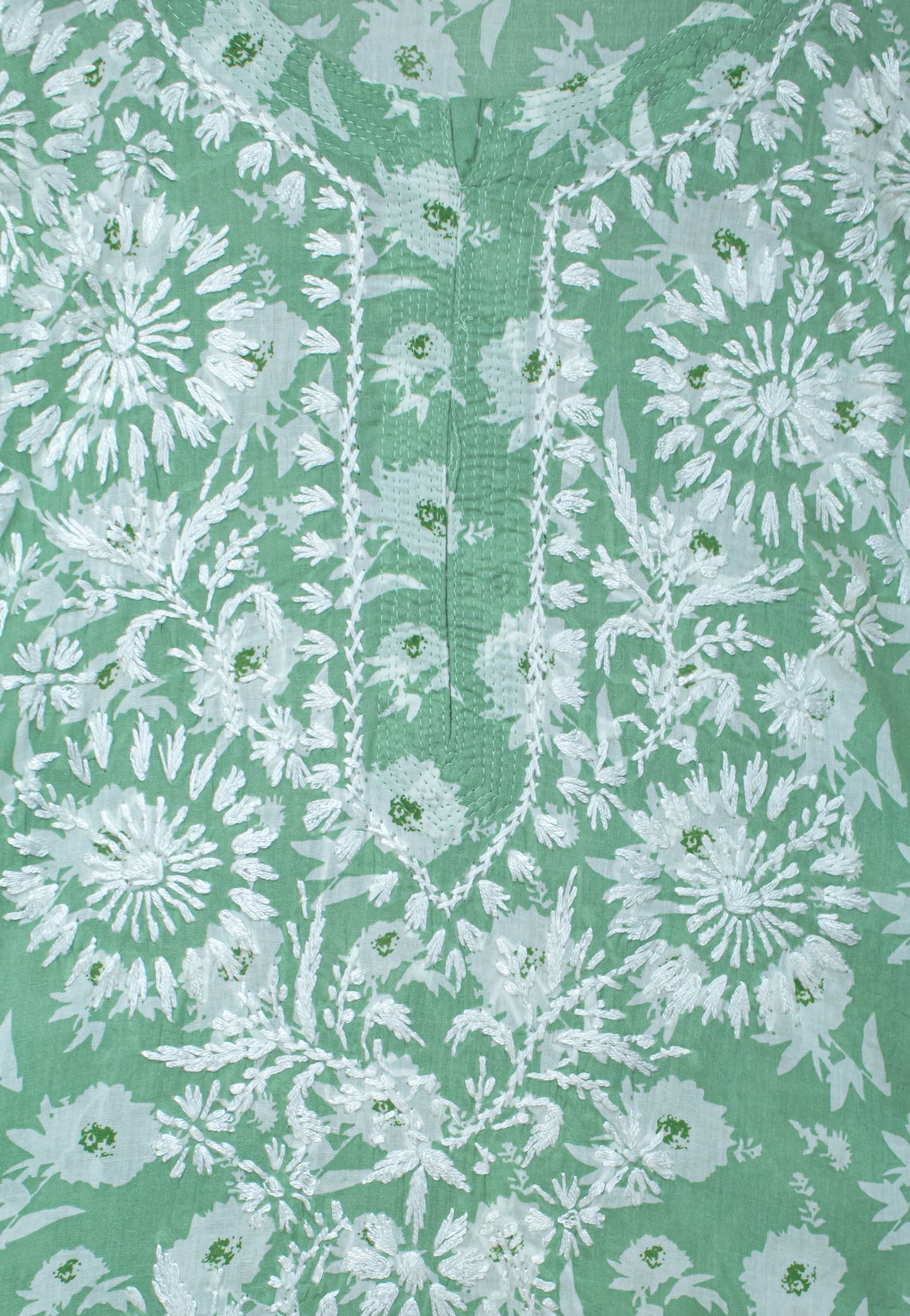 The Chikankari Story: Colorful Elegance, Hand-Embroidered Printed Mulmul Cotton Kurti in Cyan, Yellow, Green & Pink