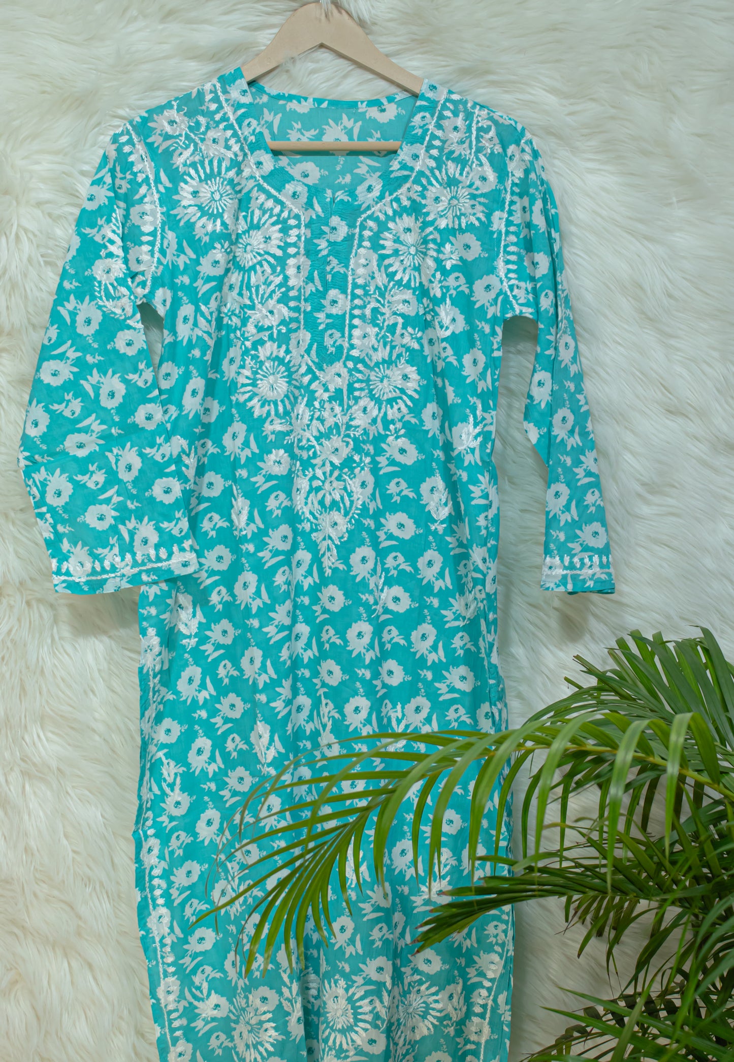 The Chikankari Story: Colorful Elegance, Hand-Embroidered Printed Mulmul Cotton Kurti in Cyan, Yellow, Green & Pink