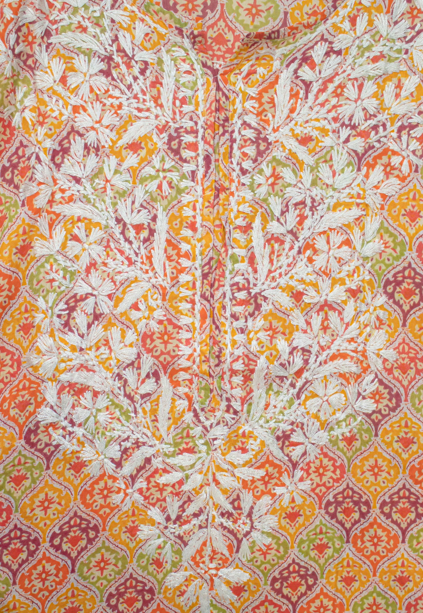 The Chikankari Story: Colorful Elegance, Hand-Embroidered Printed Mulmul Cotton Kurti in Cyan, Beige, Green & Orange