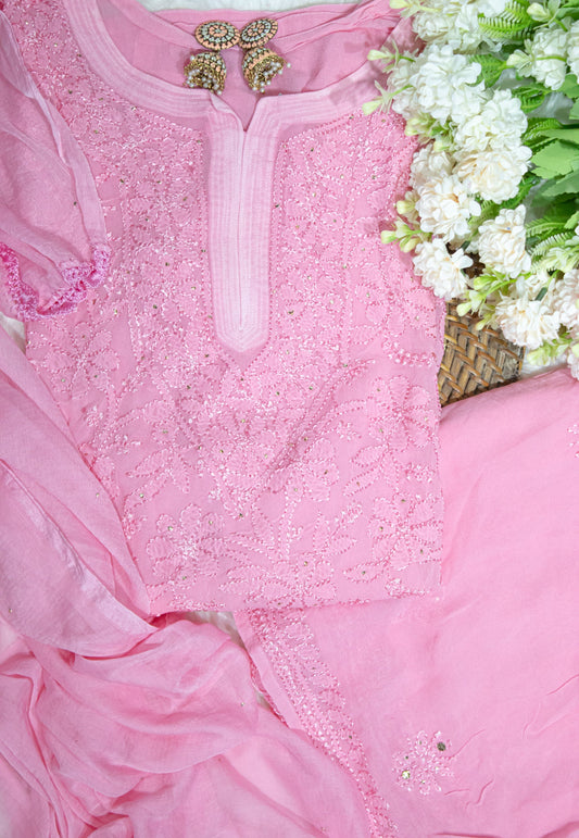 The Chikankari Story: Pure Viscose Georgette 3-Piece Garara Set with Mukaish Work and Authentic Lakhnavi Hand Embroidery