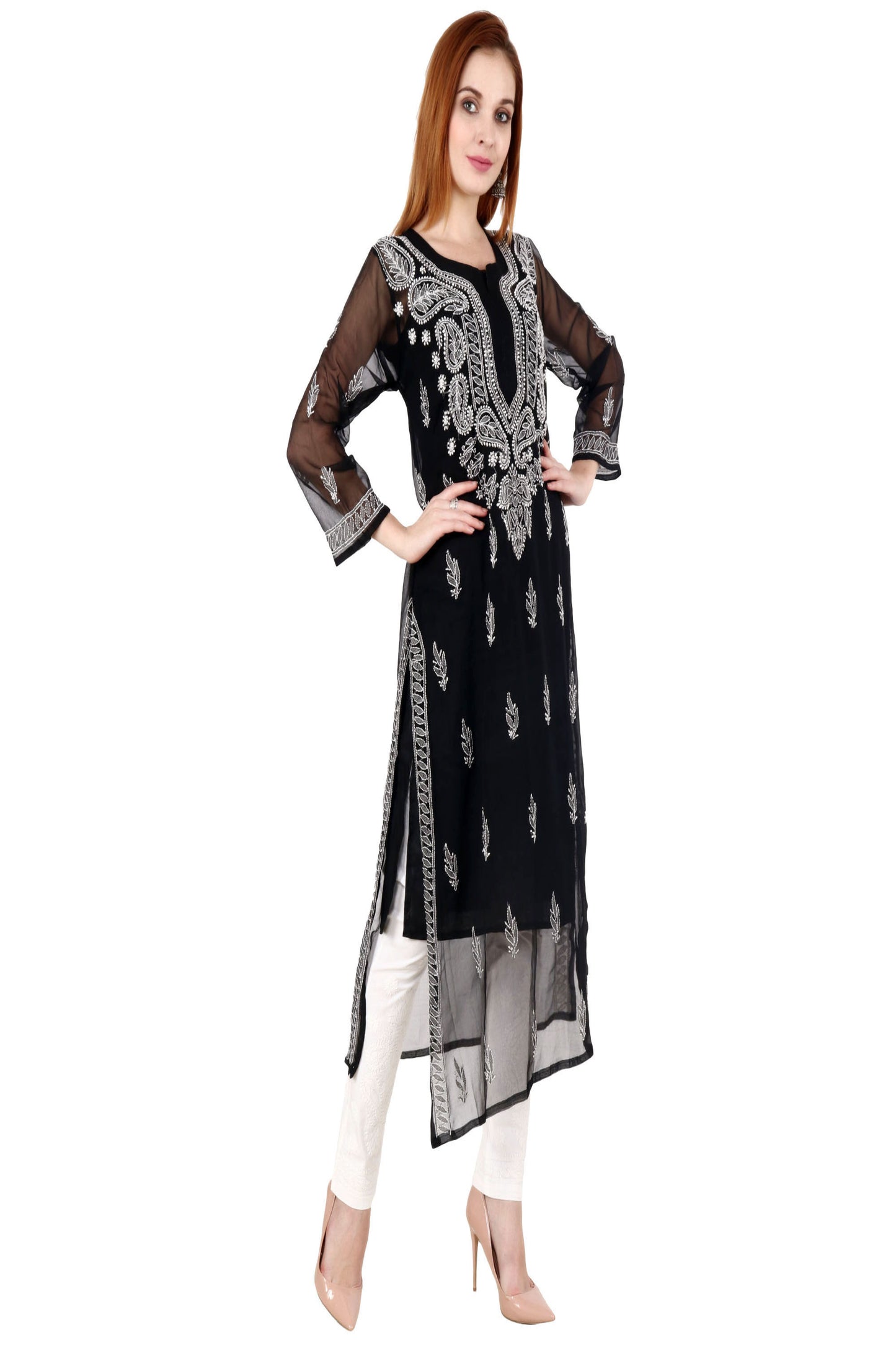 The Chikankari Story: Women's Premium Black Georgette Kurti with Chikankari & Aari Hand Embroidery - Lightweight Traditional Bakhiya Work Kurti