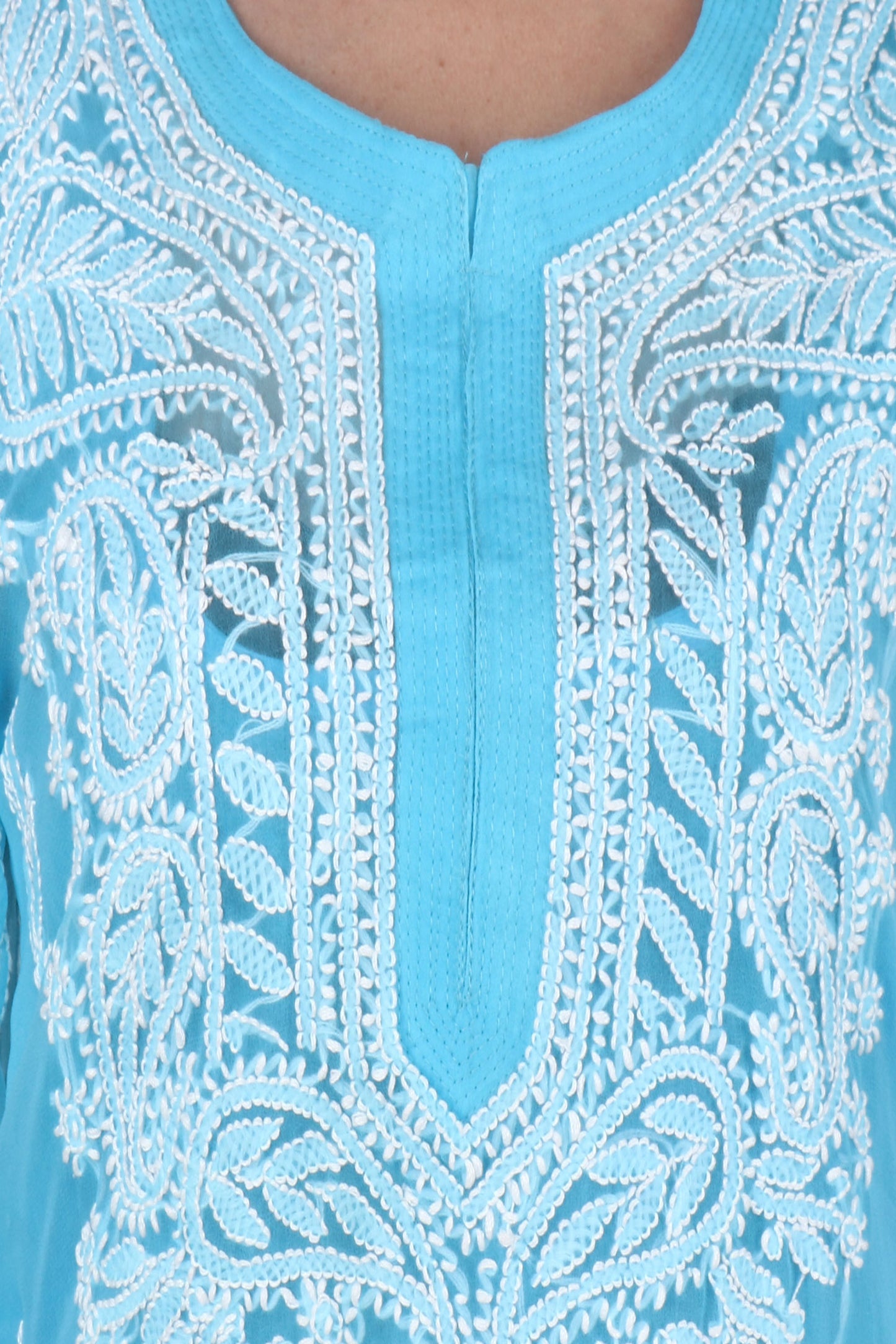 The Chikankari Story Women's Premium Sky Blue Georgette Kurti with Chikankari & Aari Hand Embroidery - Lightweight Traditional Bakhhiya Work