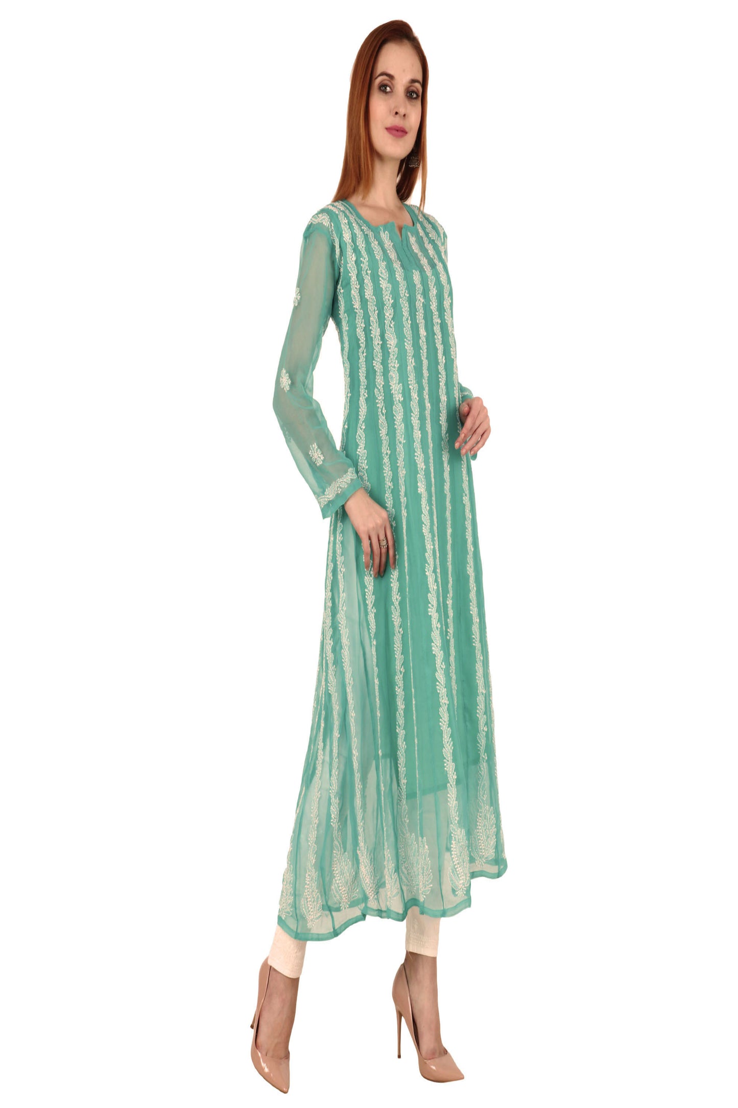 The Chikankari Story: Women's Sea Green Georgette Anarkali Kurta with Lakhnavi Aari Embroidery - Traditional Bollywood-Inspired Design