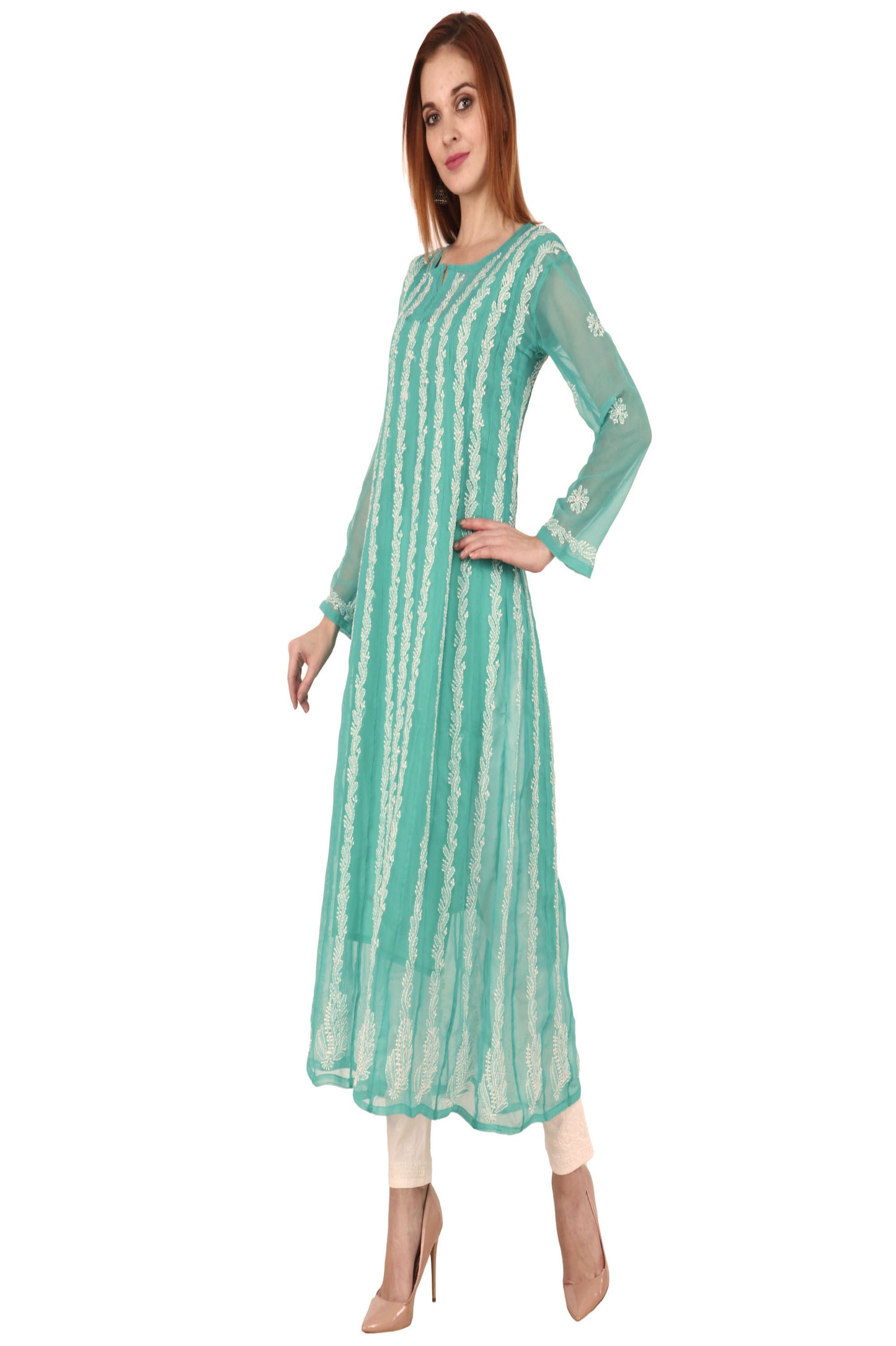 The Chikankari Story: Women's Sea Green Georgette Anarkali Kurta with Lakhnavi Aari Embroidery - Traditional Bollywood-Inspired Design