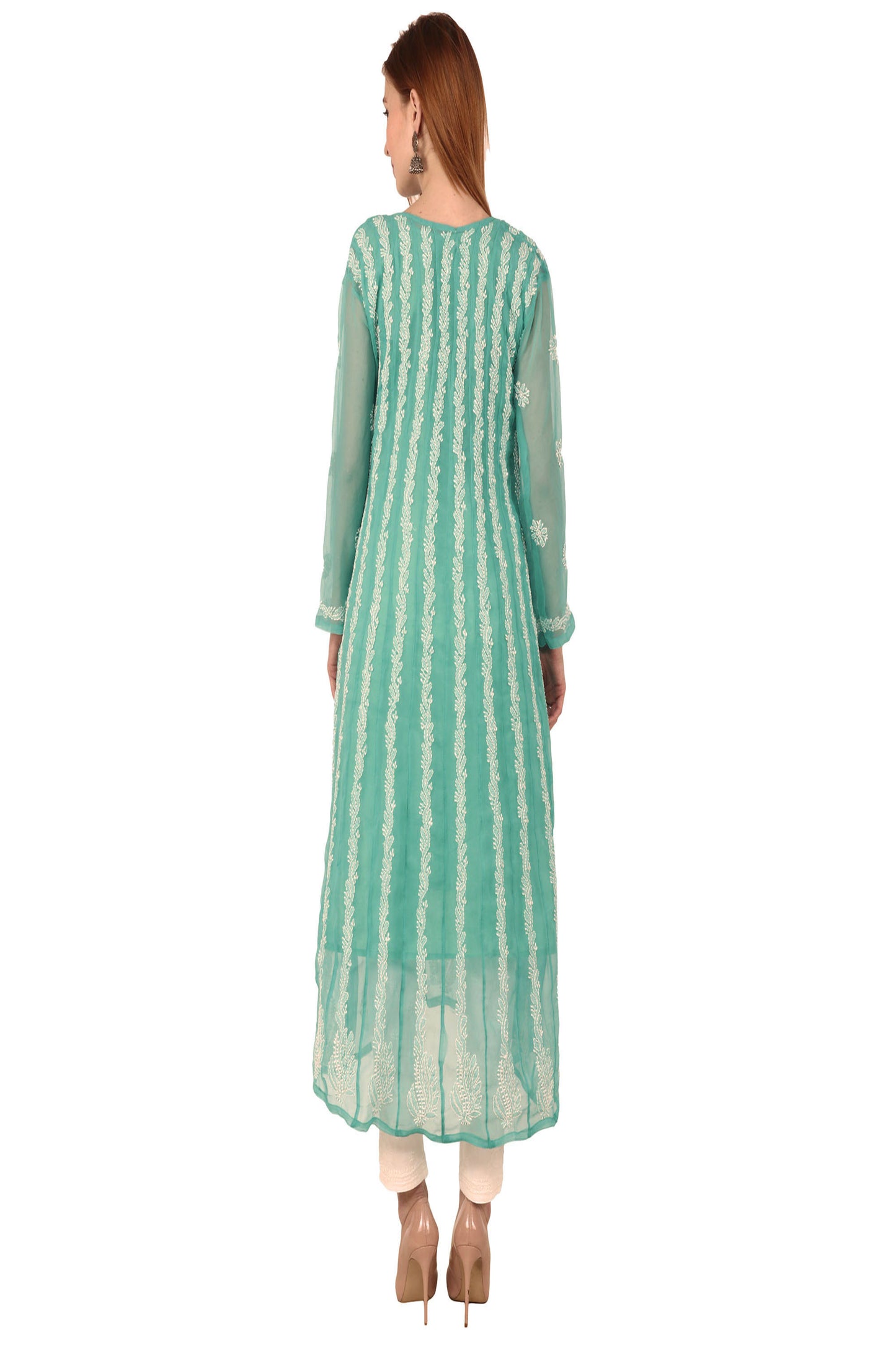 The Chikankari Story: Women's Sea Green Georgette Anarkali Kurta with Lakhnavi Aari Embroidery - Traditional Bollywood-Inspired Design
