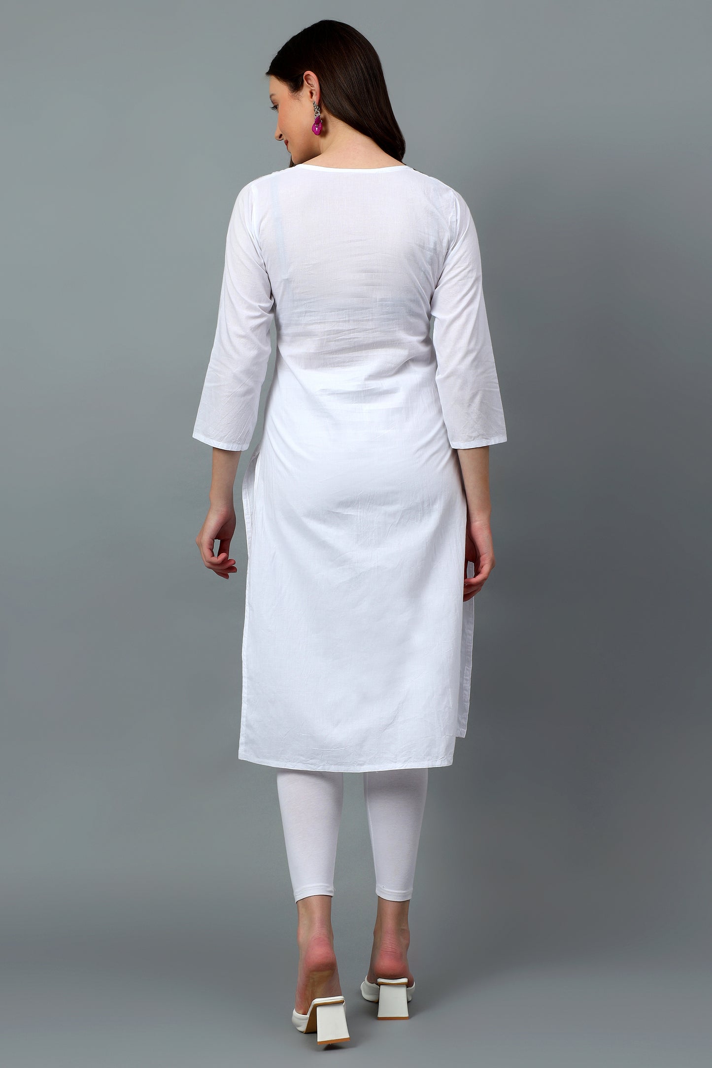 The Chikankari Story Pure Cotton Kurti for Women - Fine Chikan Kari Machine Embroidery in Ombre Shades of Purple, White, Yellow, Pink, and Blue.