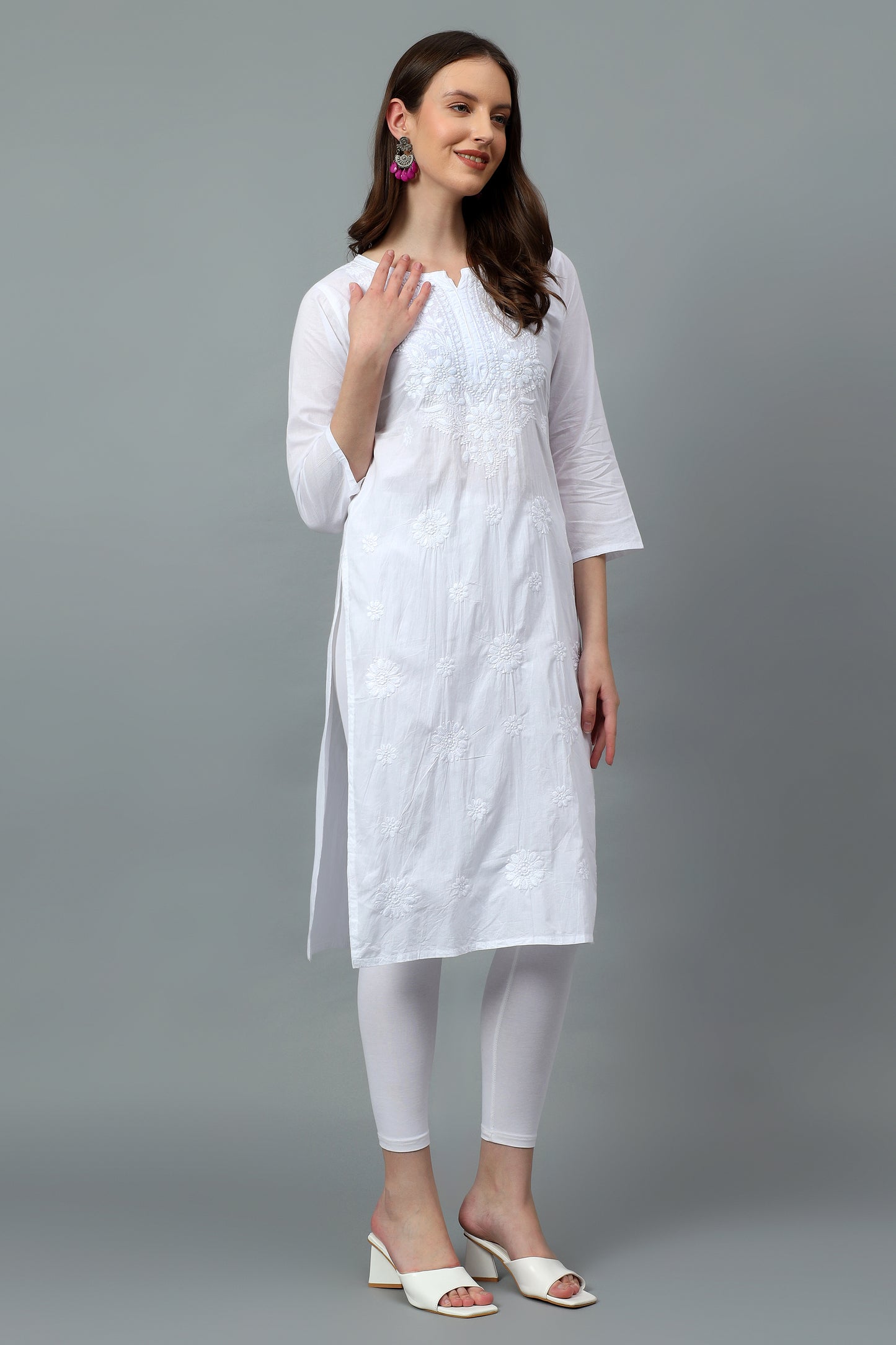 The Chikankari Story Pure Cotton Kurti for Women - Fine Chikan Kari Machine Embroidery in Ombre Shades of Purple, White, Yellow, Pink, and Blue.