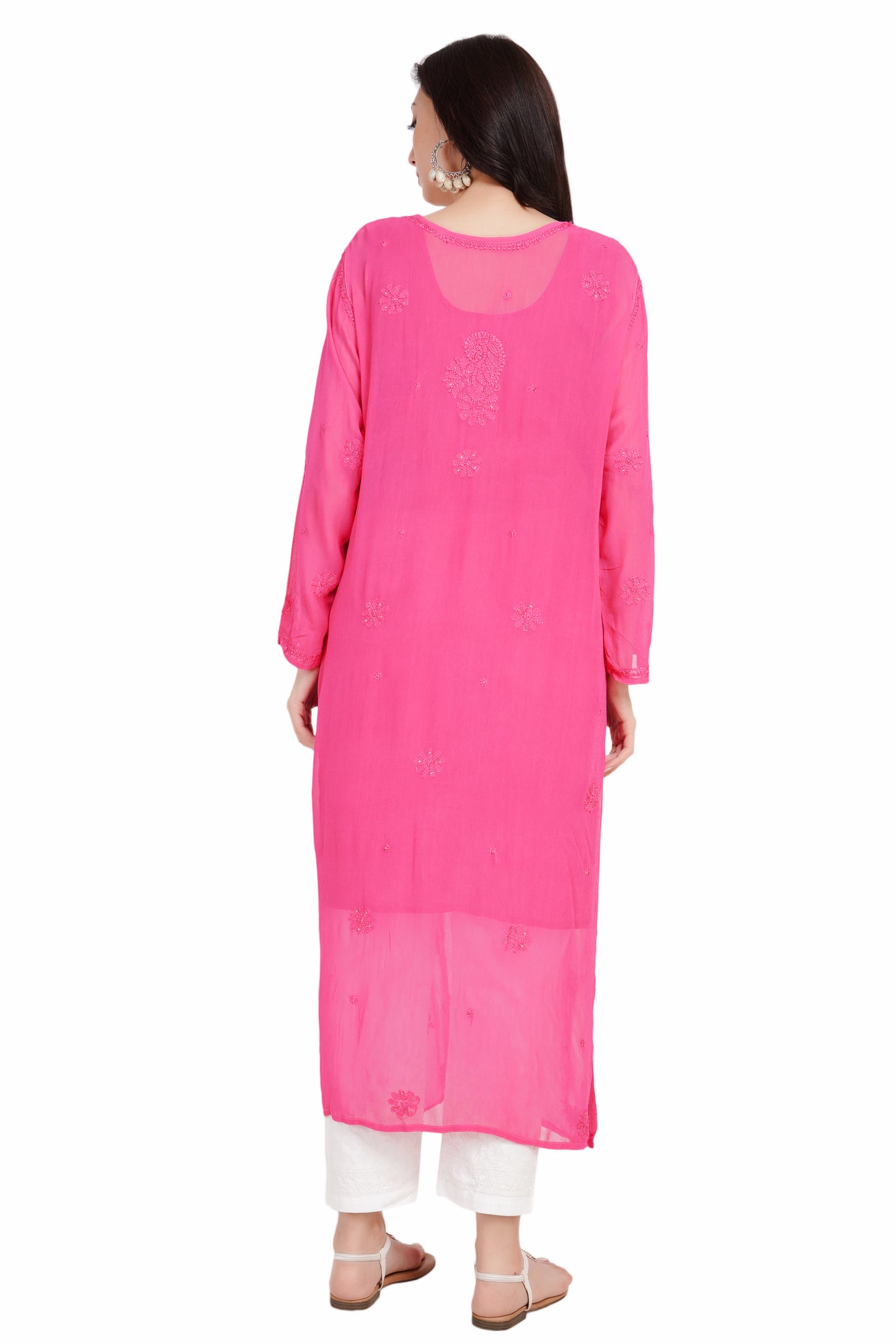 The Chikankari Story Chikankari Hand-Embroidered Georgette pink Kurti with Mukaish Work – Self-Design Lakhnavi Kurti for Women