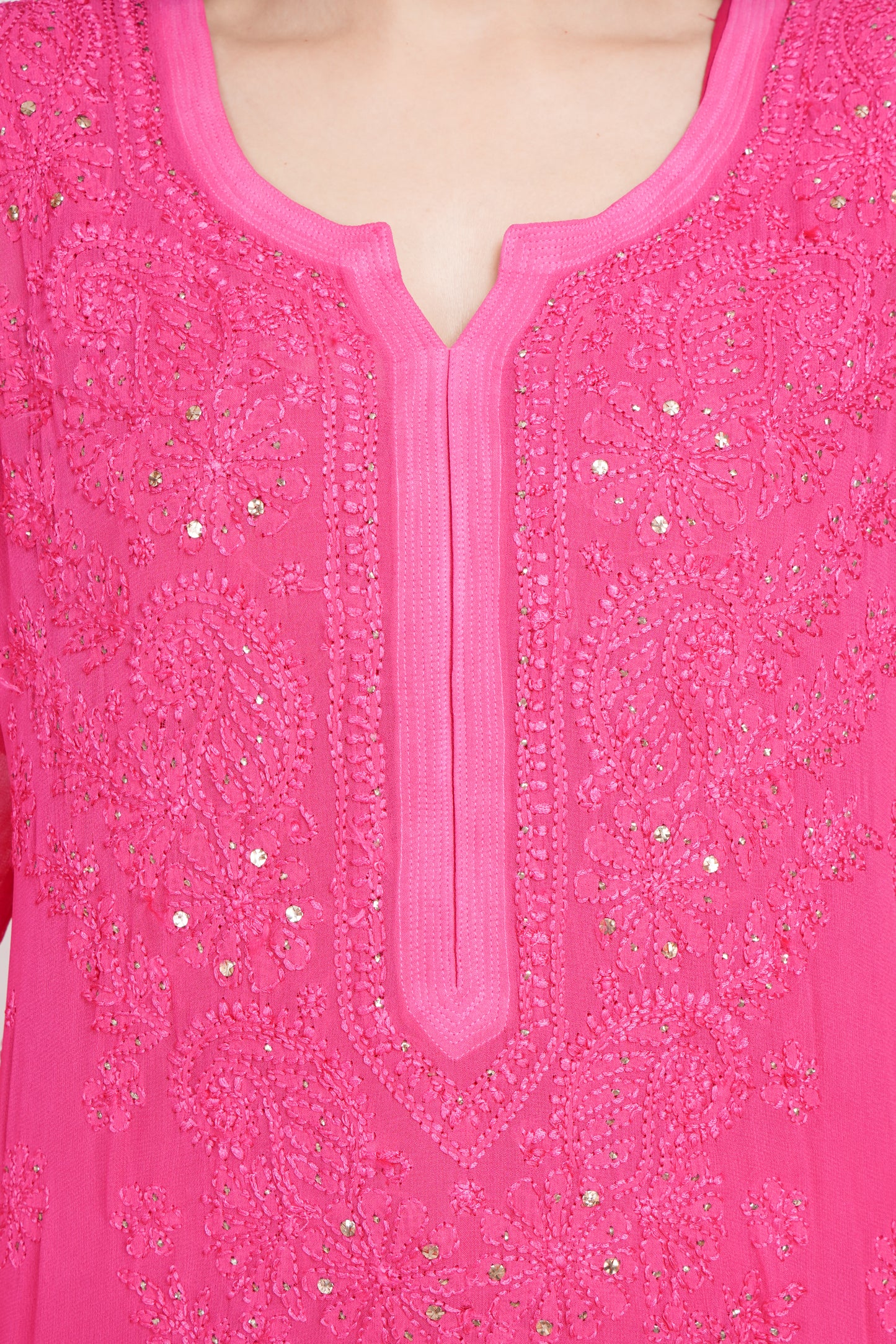 The Chikankari Story Chikankari Hand-Embroidered Georgette pink Kurti with Mukaish Work – Self-Design Lakhnavi Kurti for Women