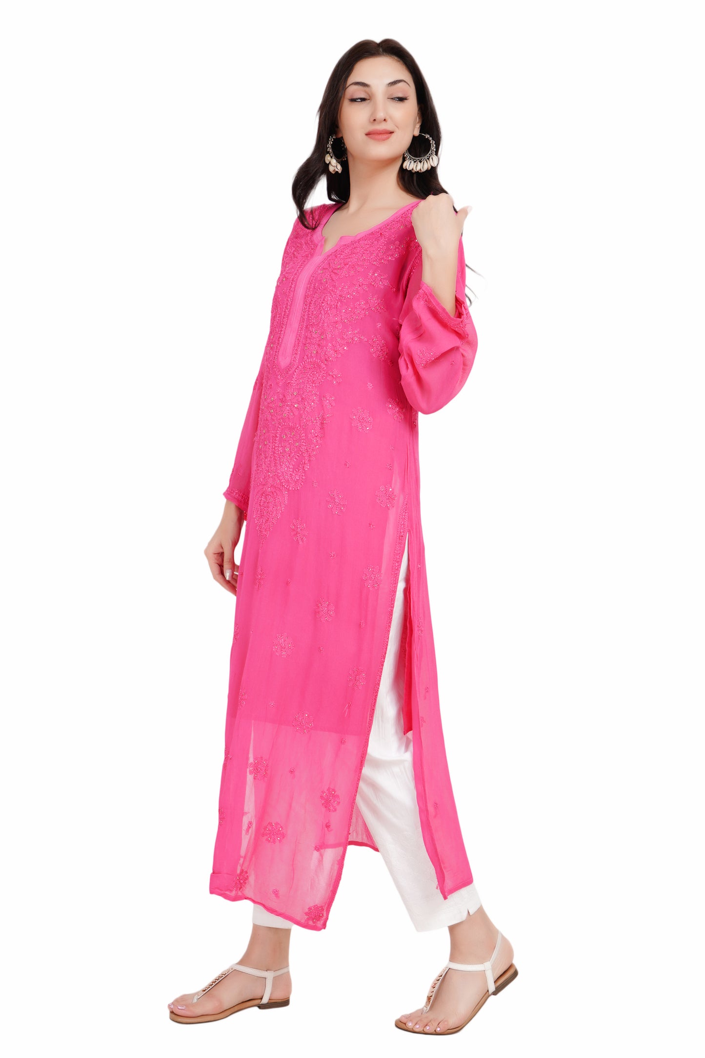 The Chikankari Story Chikankari Hand-Embroidered Georgette pink Kurti with Mukaish Work – Self-Design Lakhnavi Kurti for Women