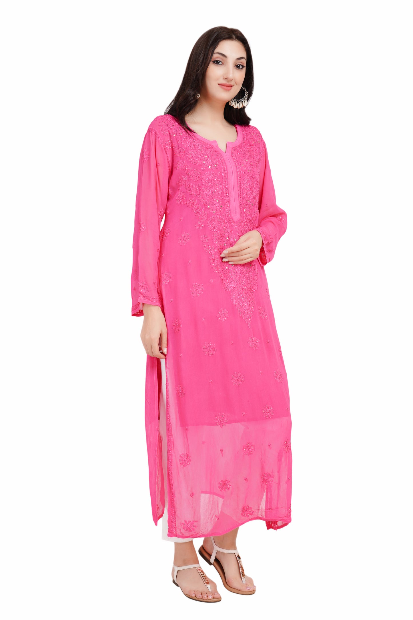 The Chikankari Story Chikankari Hand-Embroidered Georgette pink Kurti with Mukaish Work – Self-Design Lakhnavi Kurti for Women