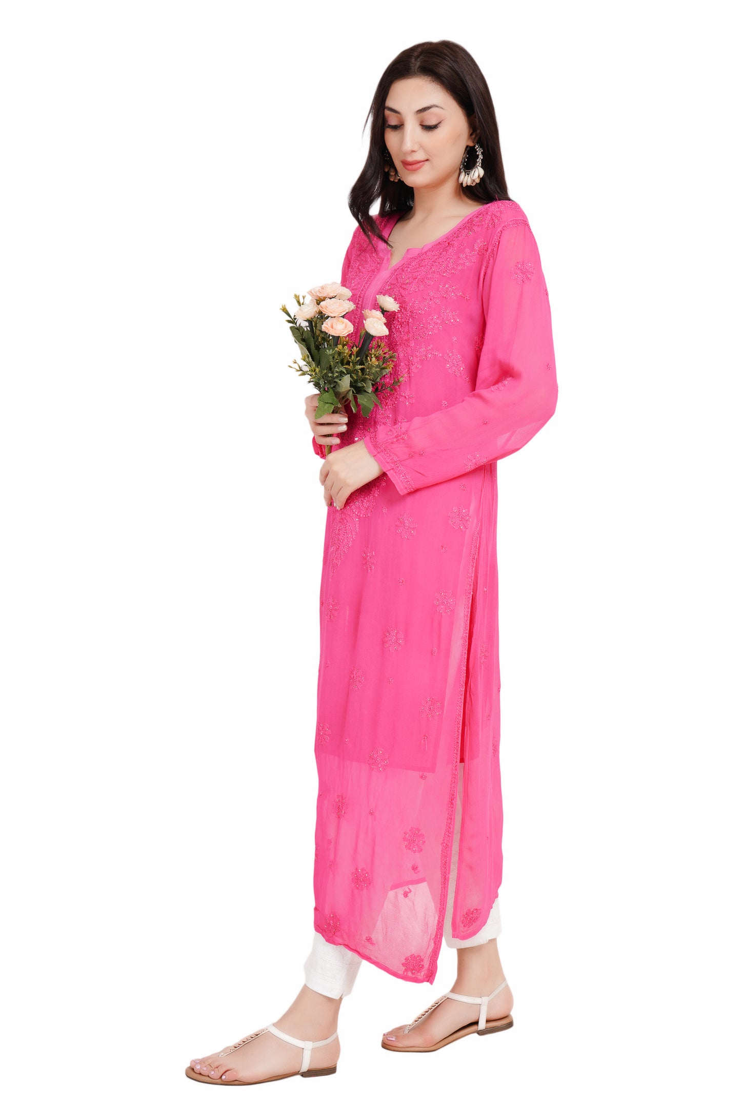 The Chikankari Story Chikankari Hand-Embroidered Georgette pink Kurti with Mukaish Work – Self-Design Lakhnavi Kurti for Women