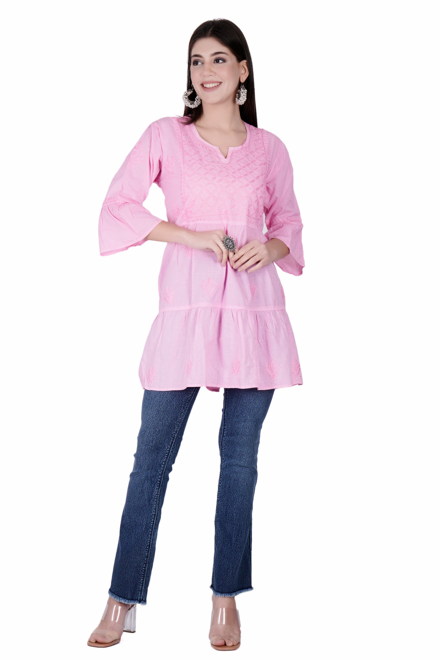 The Chikankari Story Magenta Chikankari Hand Embroidery Chanderi Short Kurti with Mughalayi Motifs - Lakhnavi Heritage Design