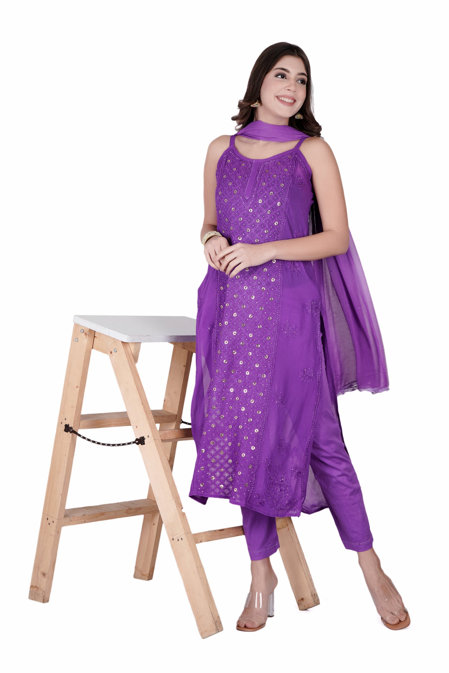 The Chikankari Story Purple Viscose Chikankari Kurta Set with Bakhya Work & Ring Mukaish with Dupatta - Lucknowi Kurta and Pant Ensemble