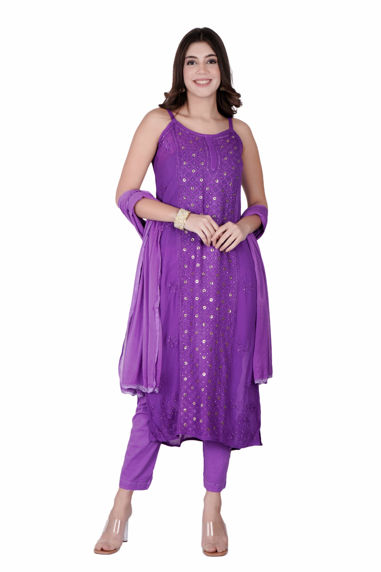 The Chikankari Story Purple Viscose Chikankari Kurta Set with Bakhya Work & Ring Mukaish with Dupatta - Lucknowi Kurta and Pant Ensemble