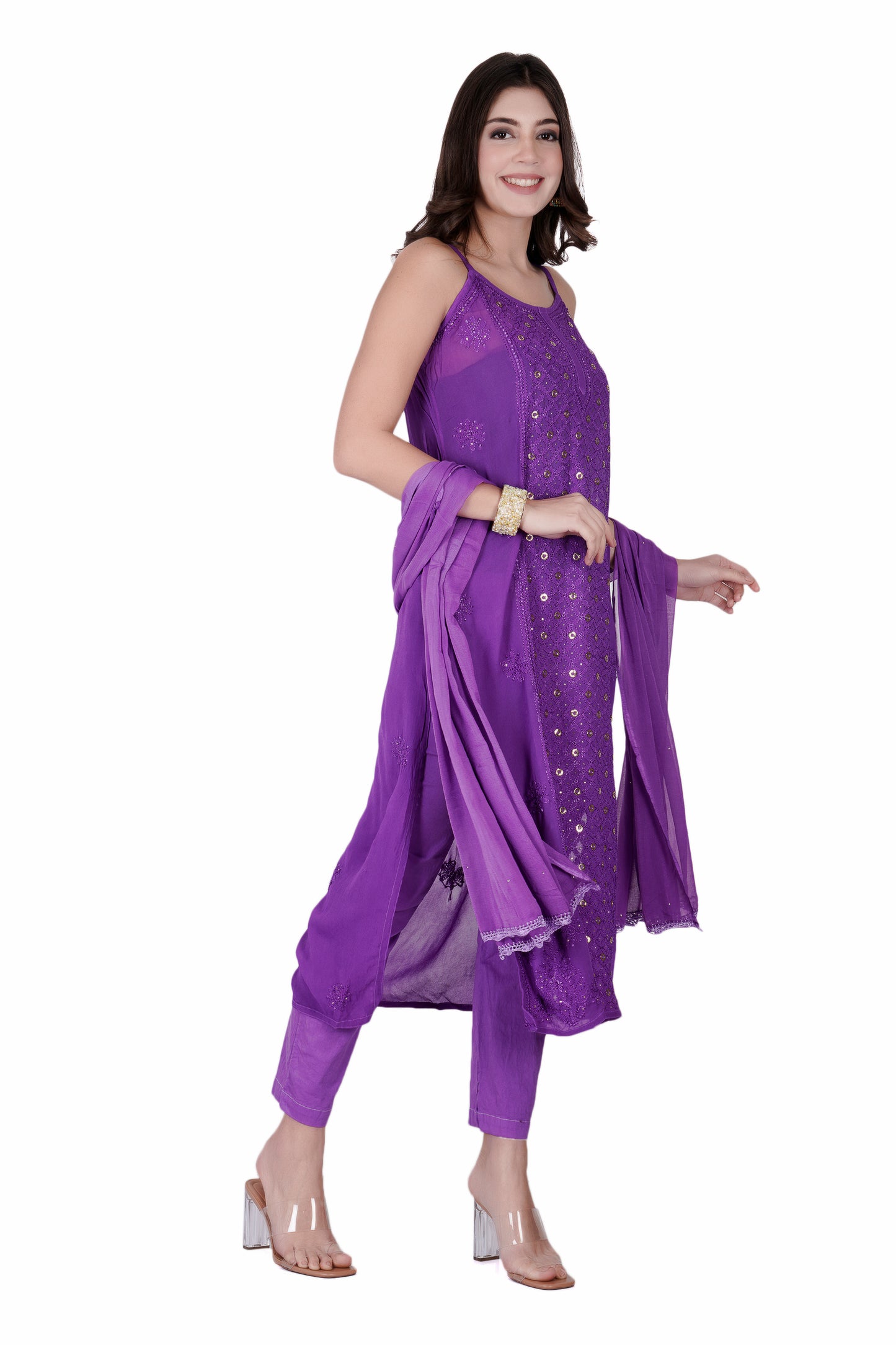 The Chikankari Story Purple Viscose Chikankari Kurta Set with Bakhya Work & Ring Mukaish with Dupatta - Lucknowi Kurta and Pant Ensemble