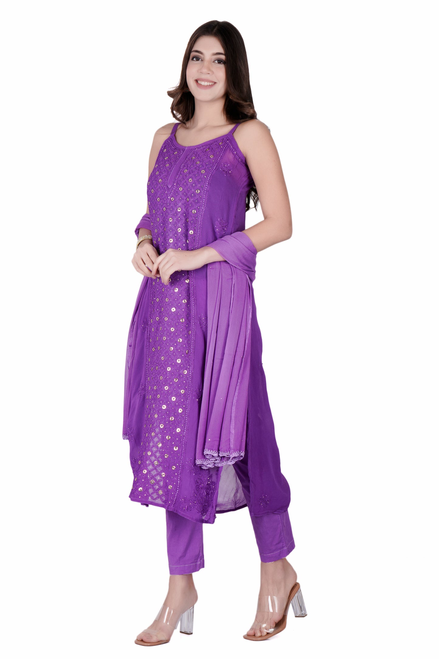 The Chikankari Story Purple Viscose Chikankari Kurta Set with Bakhya Work & Ring Mukaish with Dupatta - Lucknowi Kurta and Pant Ensemble