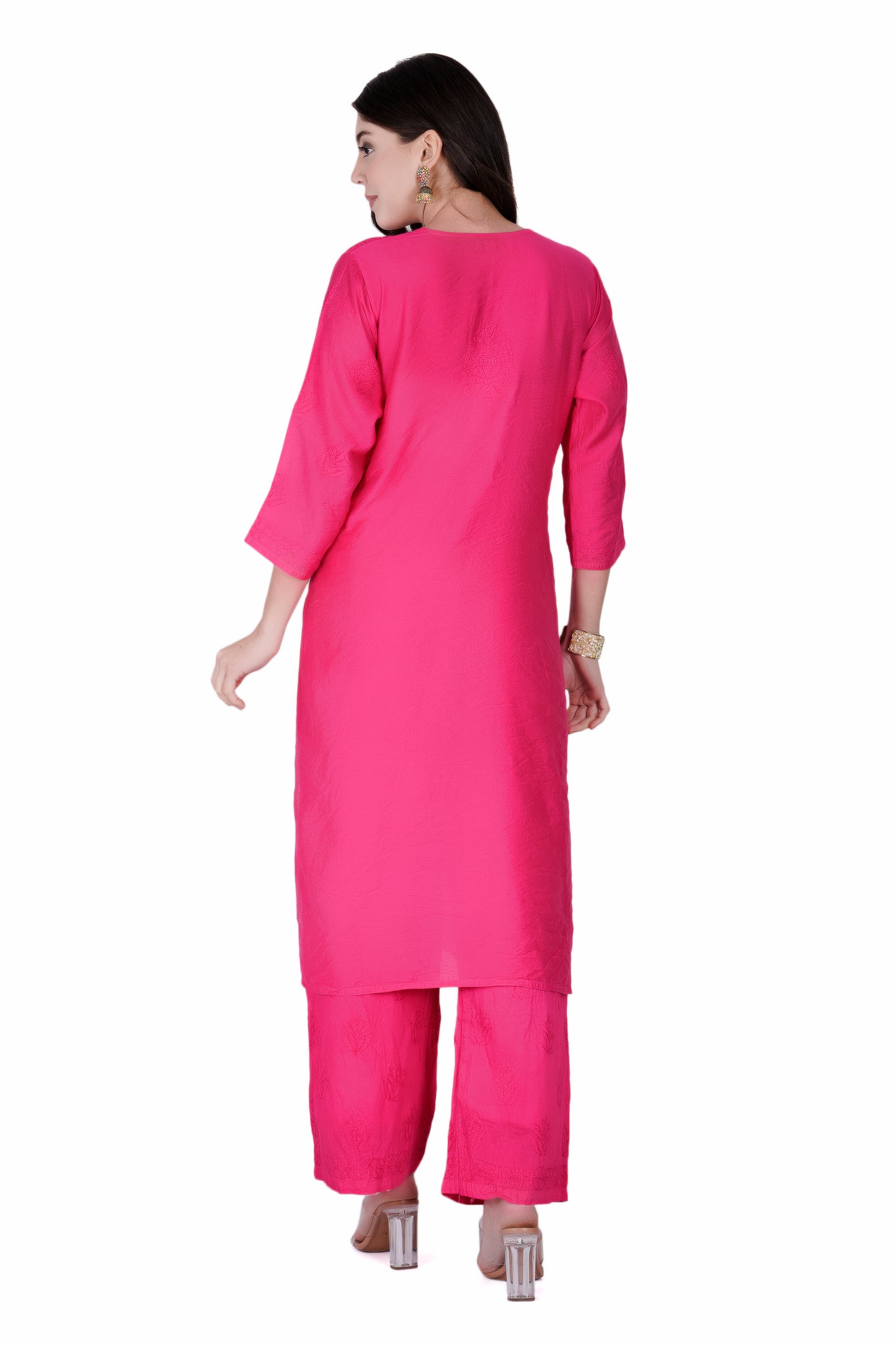 The Chikankari Story Enchanting Pink Chanderi Chikankari 3-Piece Set Regal Hand Embroidered Kurti with Dupatta and Palazzo for Timeless Elegance