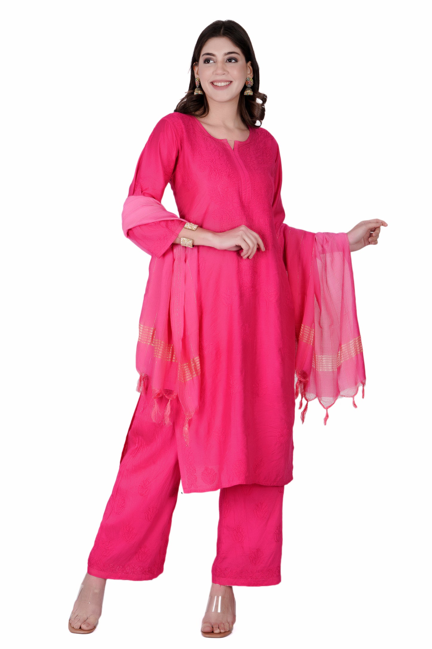 The Chikankari Story Enchanting Pink Chanderi Chikankari 3-Piece Set Regal Hand Embroidered Kurti with Dupatta and Palazzo for Timeless Elegance