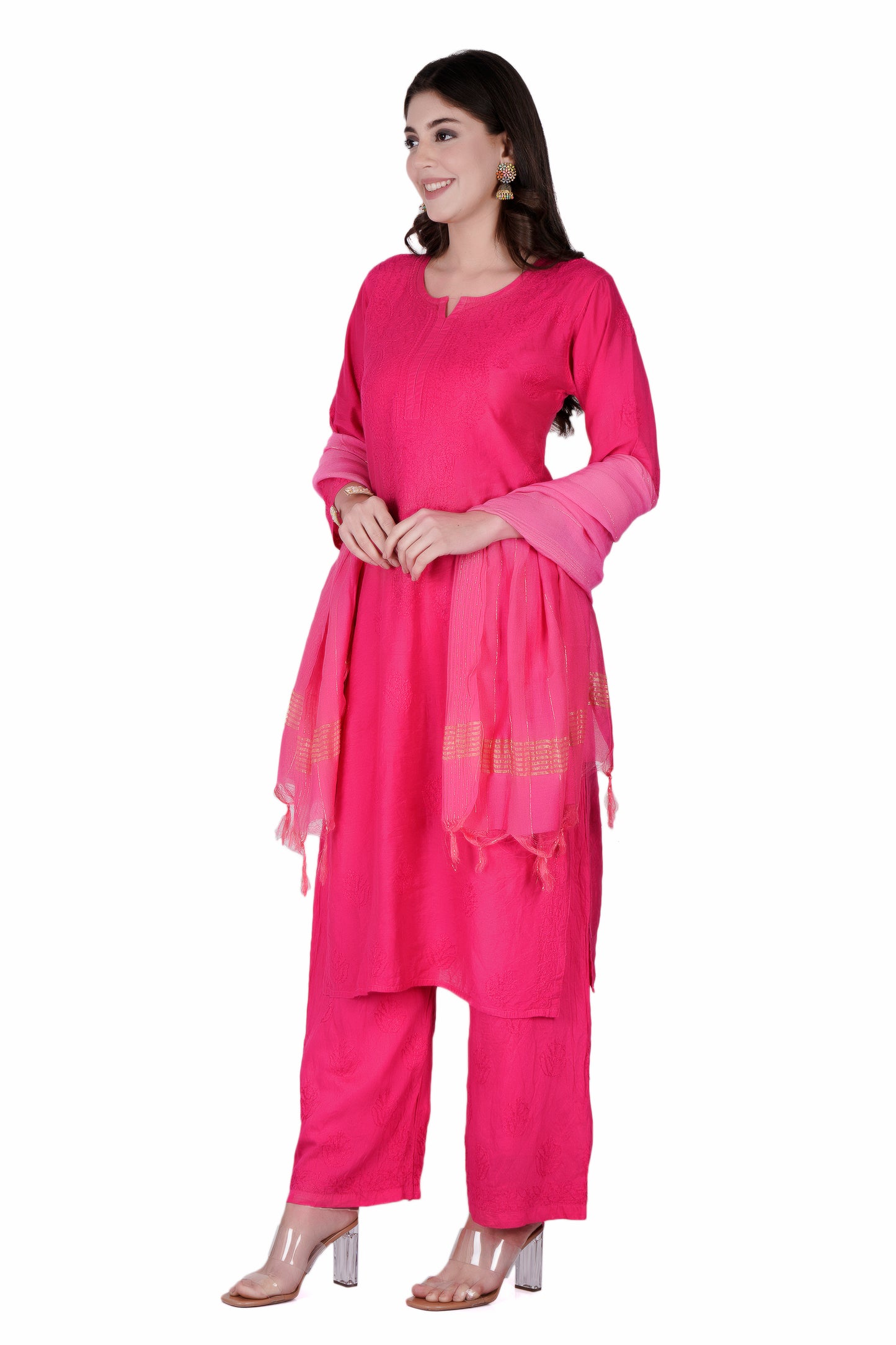 The Chikankari Story Enchanting Pink Chanderi Chikankari 3-Piece Set Regal Hand Embroidered Kurti with Dupatta and Palazzo for Timeless Elegance