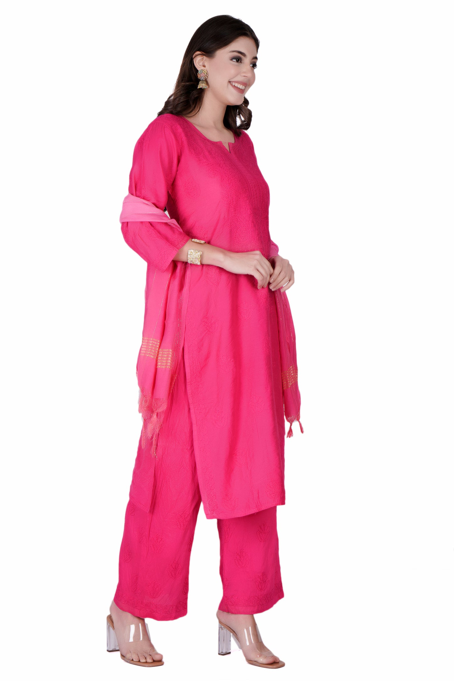 The Chikankari Story Enchanting Pink Chanderi Chikankari 3-Piece Set Regal Hand Embroidered Kurti with Dupatta and Palazzo for Timeless Elegance