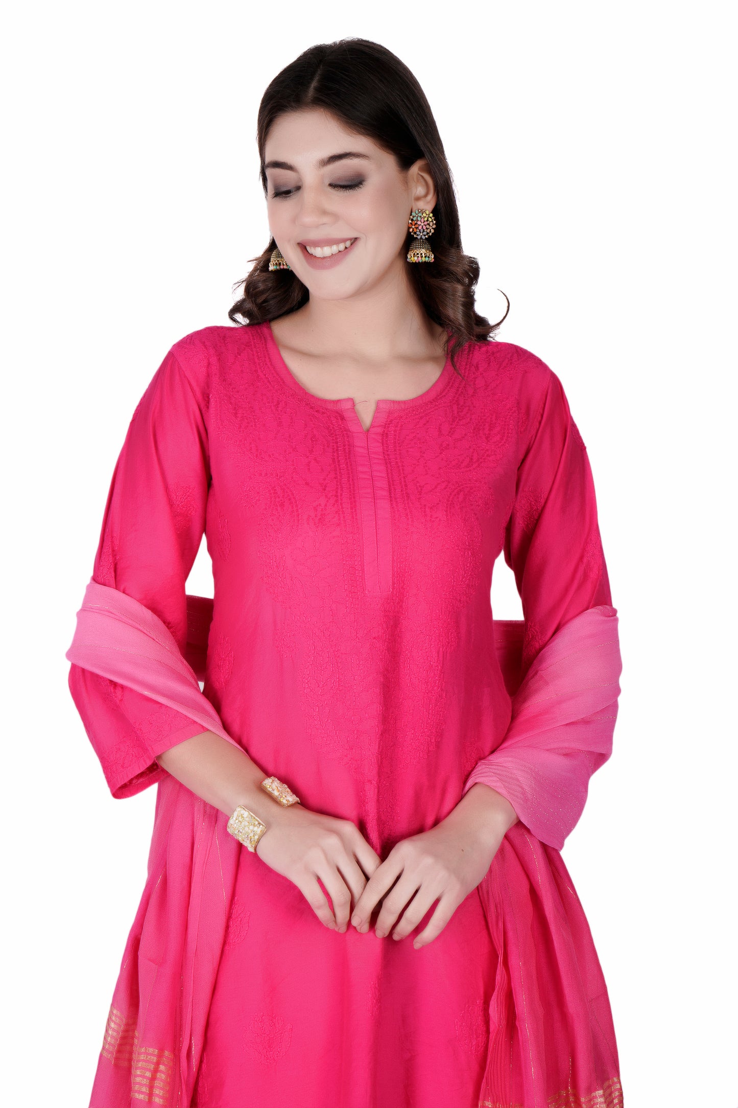 The Chikankari Story Enchanting Pink Chanderi Chikankari 3-Piece Set Regal Hand Embroidered Kurti with Dupatta and Palazzo for Timeless Elegance