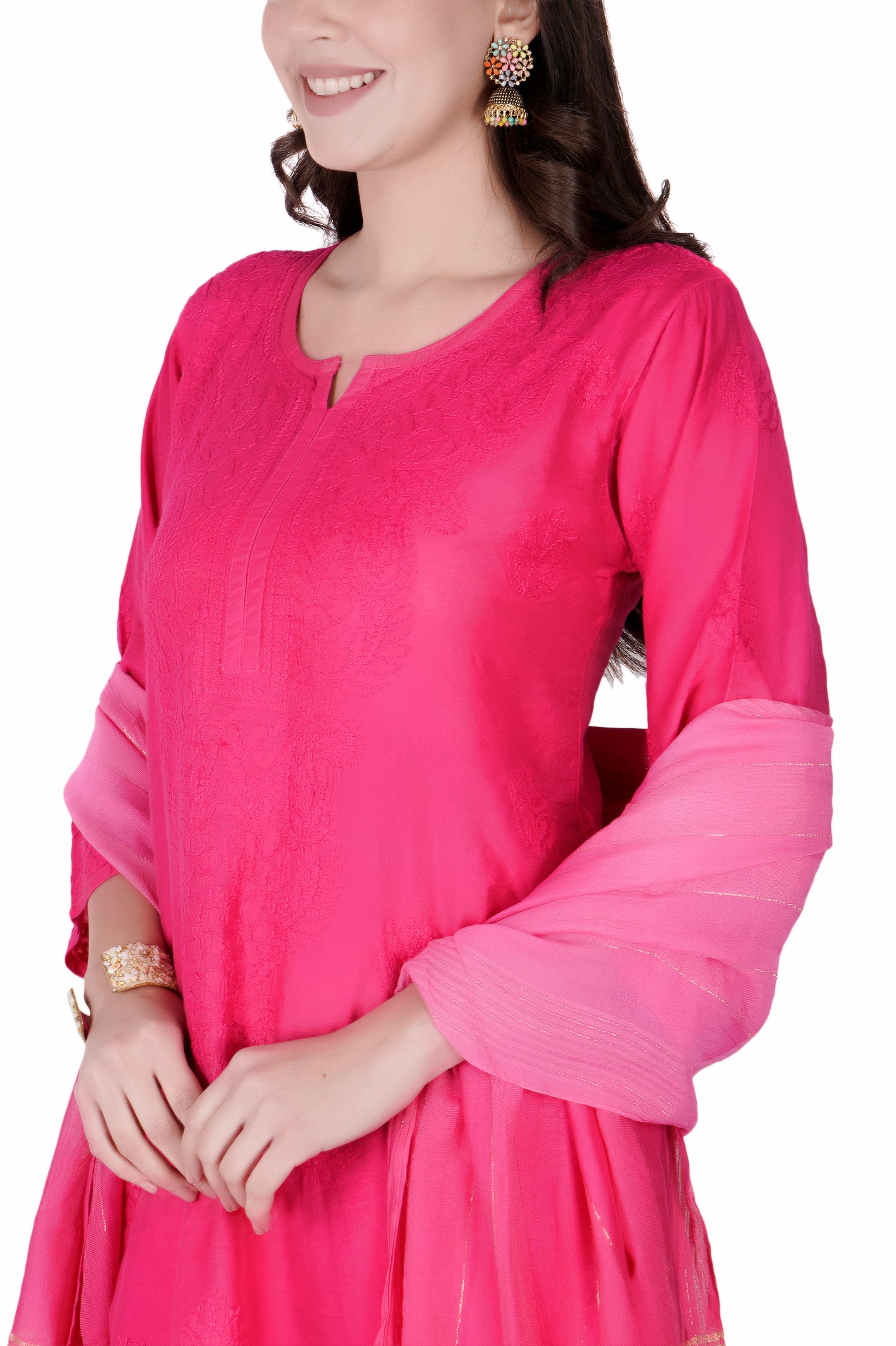 The Chikankari Story Enchanting Pink Chanderi Chikankari 3-Piece Set Regal Hand Embroidered Kurti with Dupatta and Palazzo for Timeless Elegance